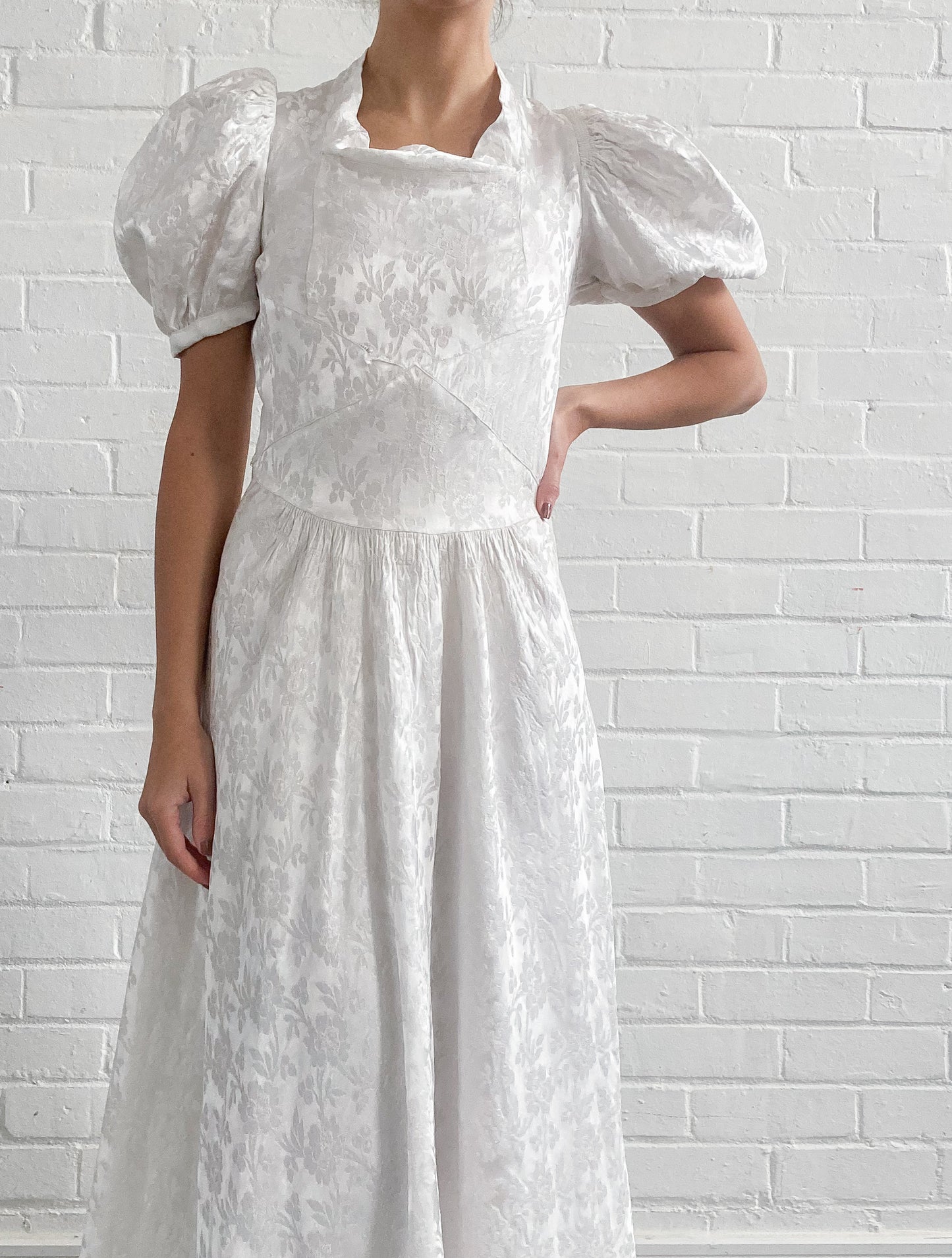 1930s Ivory Jacquard Wedding Gown With Puff Sleeves and Chapel Train