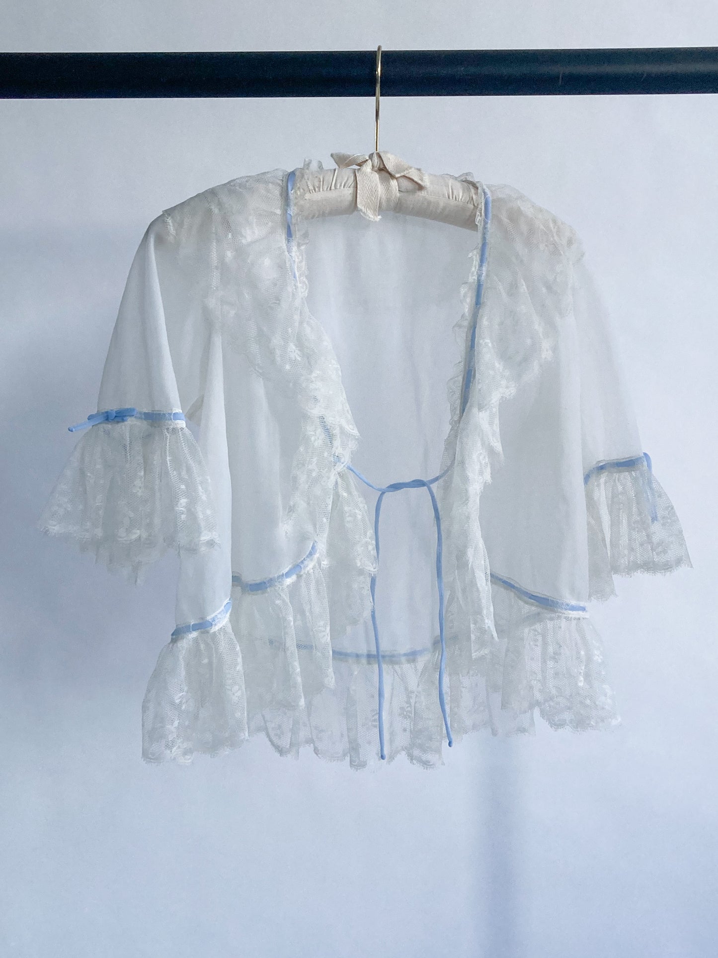 1940s Sheer Bed Jacket With Lace And Blue Ribbon