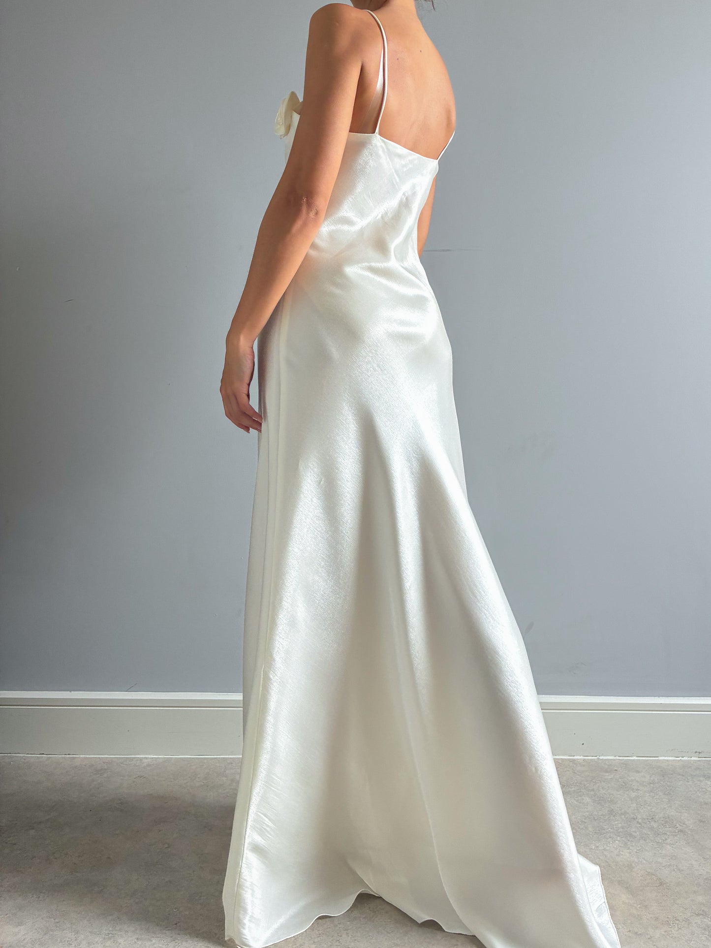 1990s Minimalist Satin Wedding Dress With Rose Detail