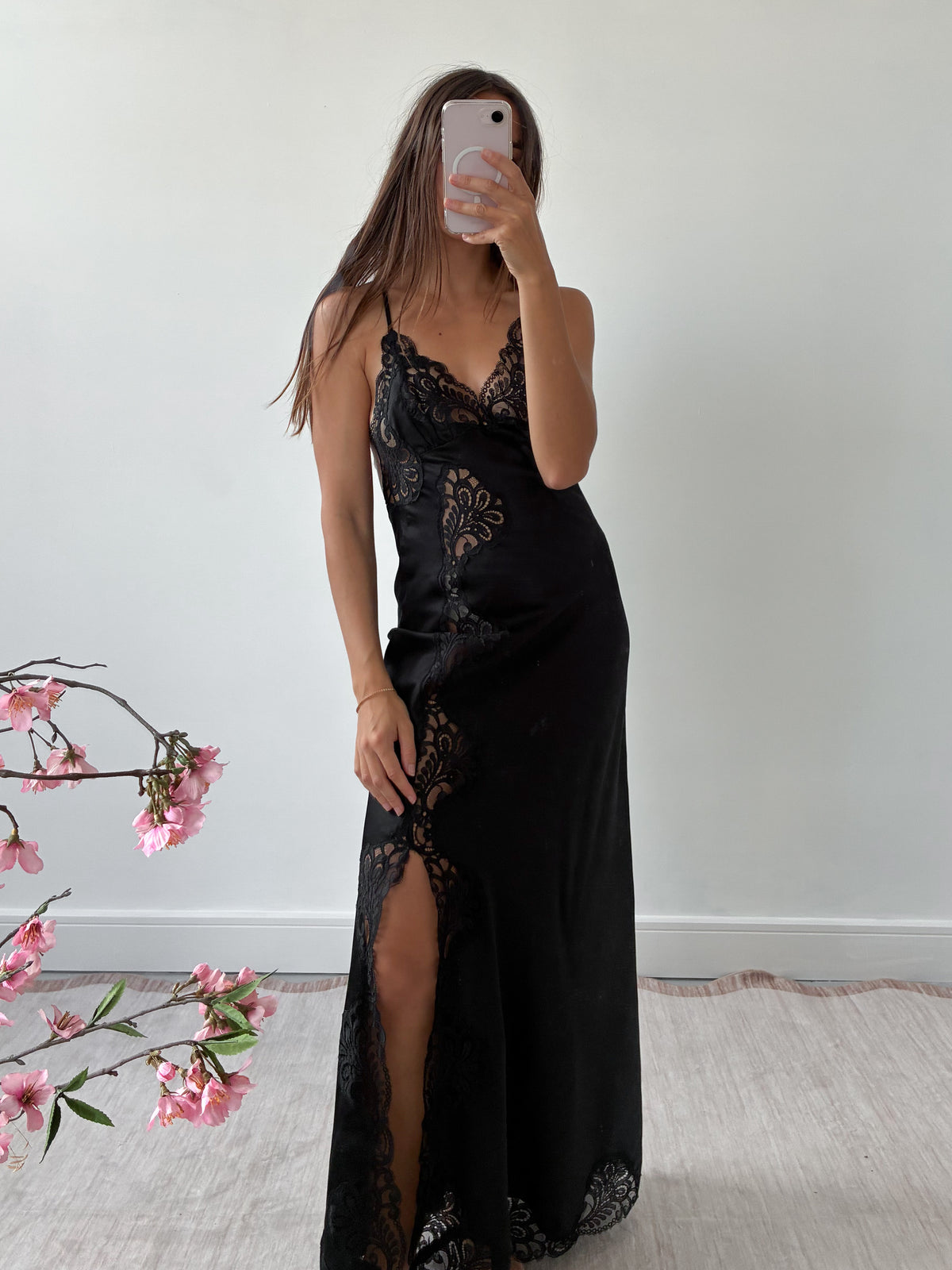 1970s Black Satin Slip With Lace And Side Opening S