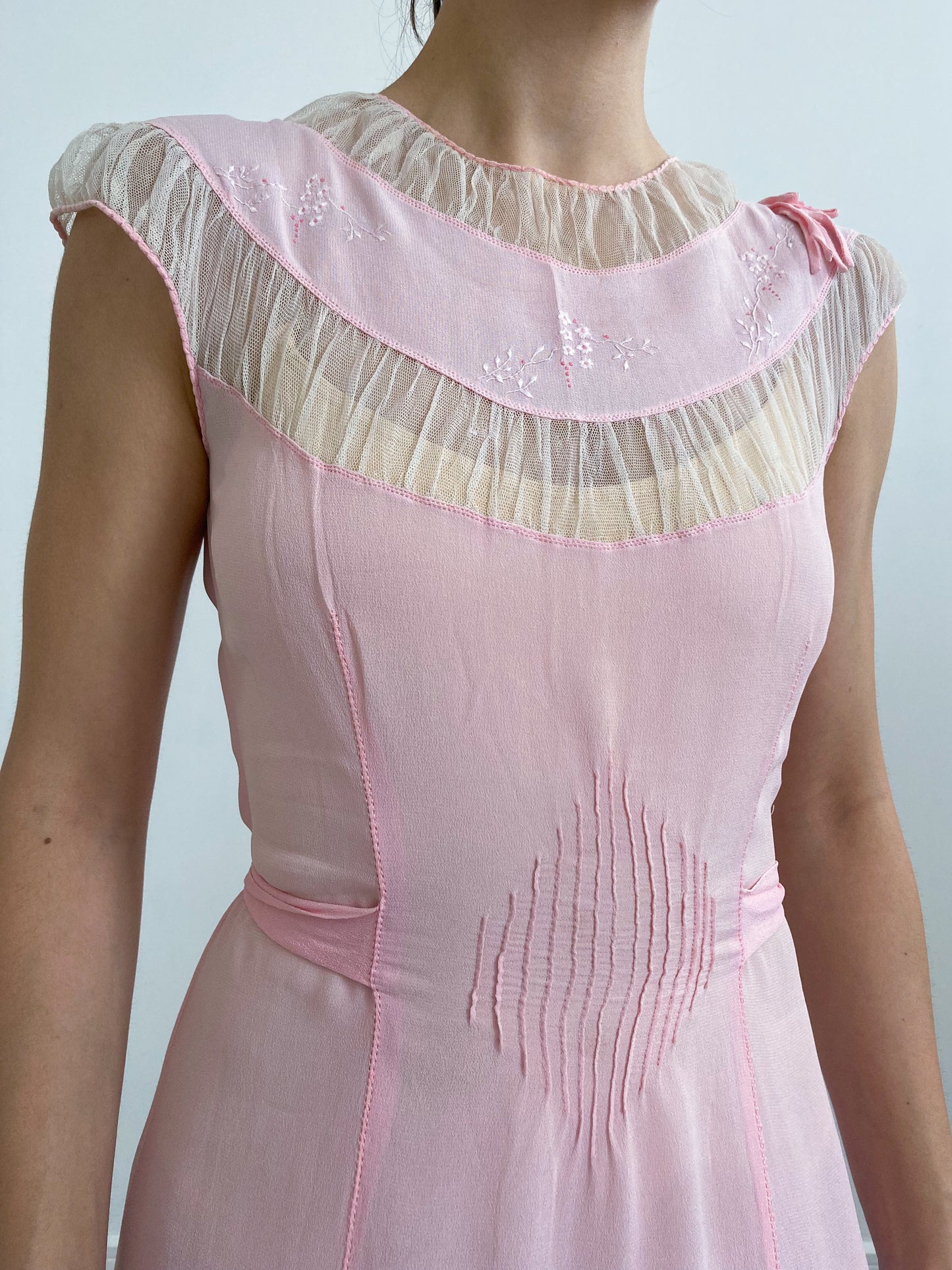 1930s Pink Crepe Slip With Mesh & Floral Embroidery