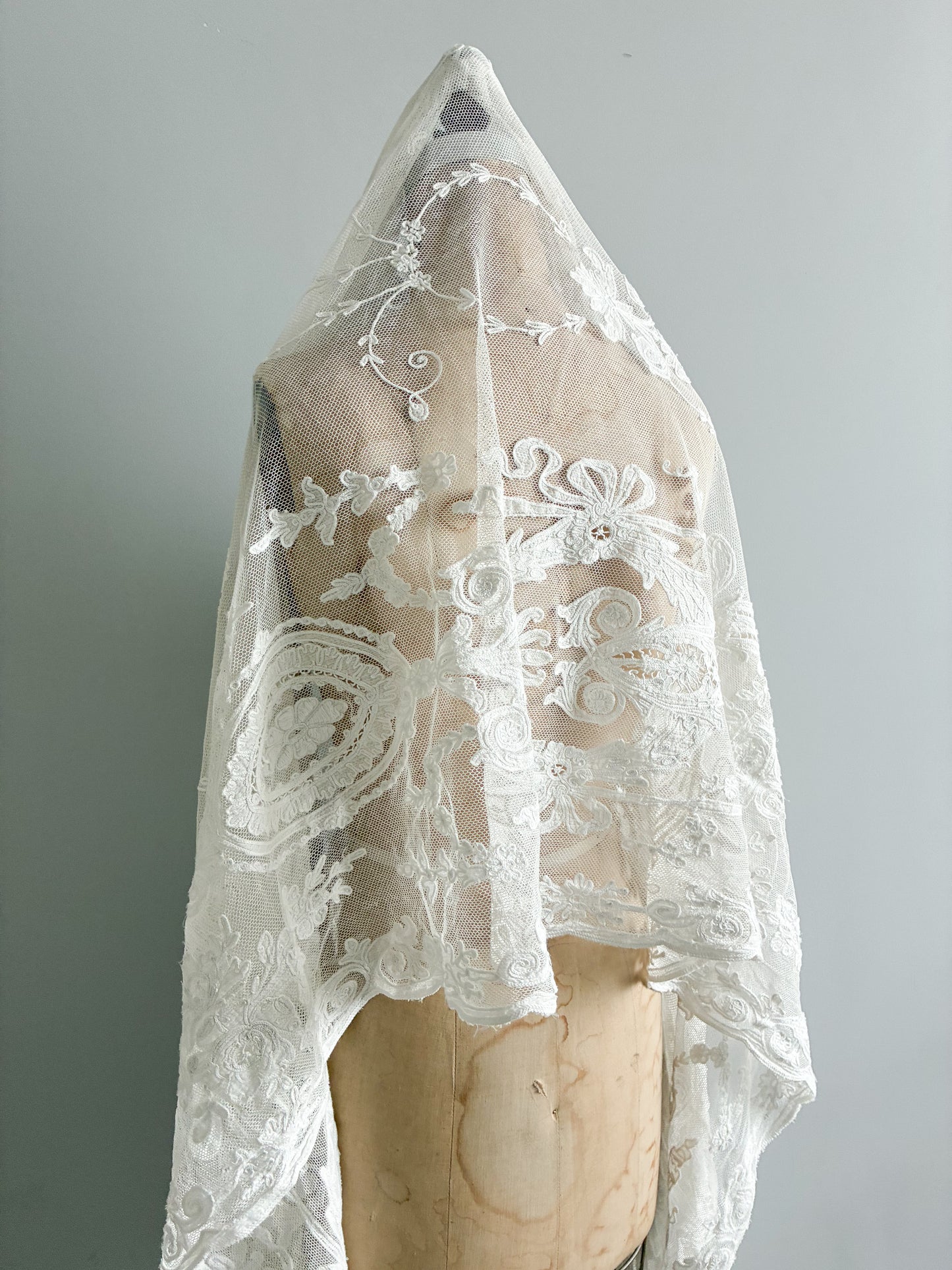 Antique French Heavy Cotton Tambour Tape Lace Veil