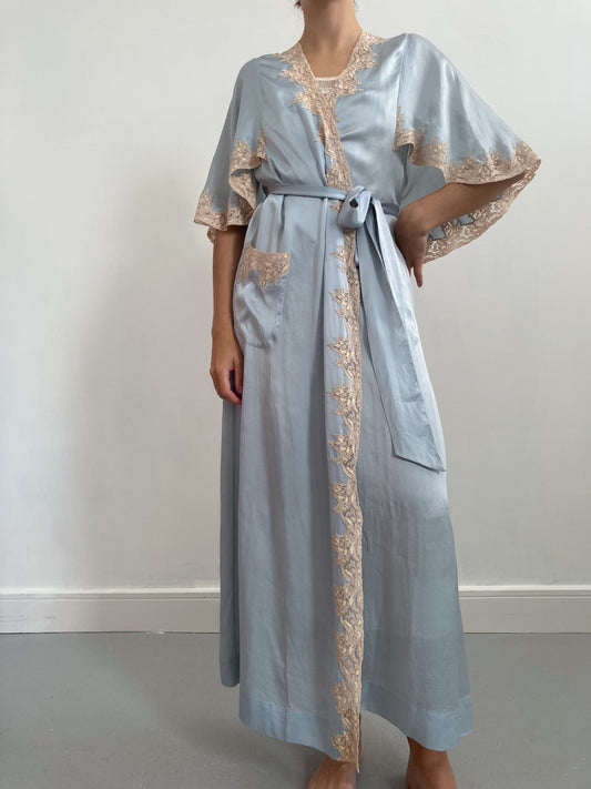 1930s Ice Blue Silk Robe with Champagne Lace