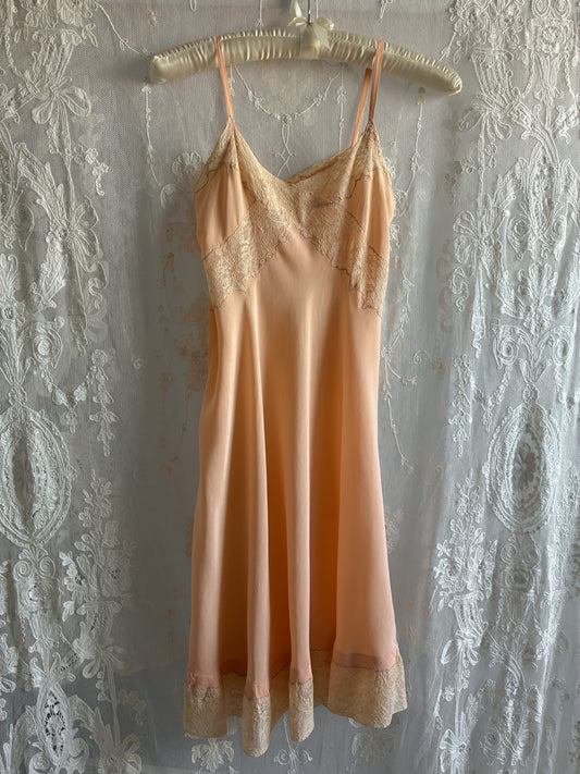 1930s Dusty Orange Midi Silk Slip With Beige Lace