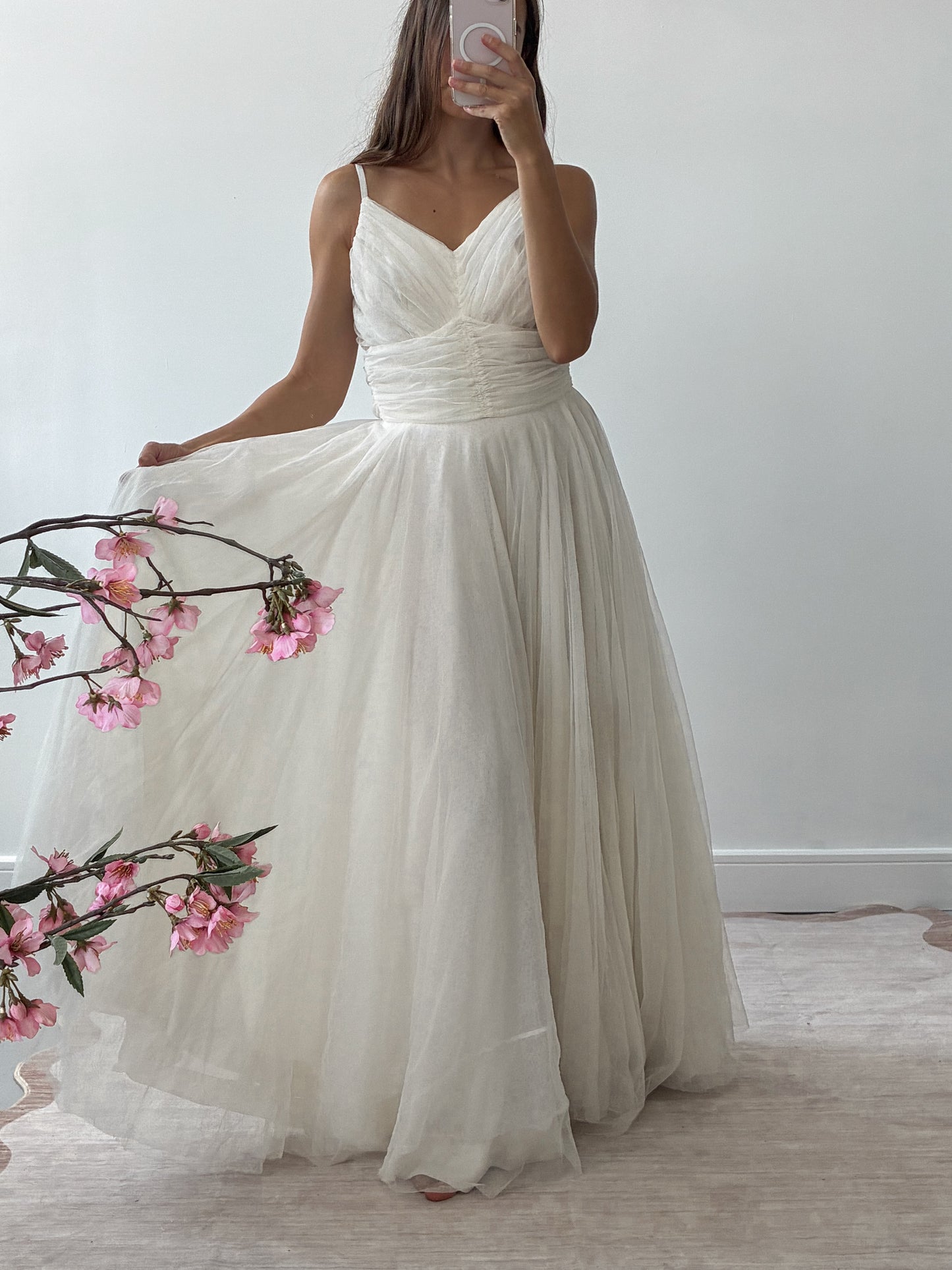 1940s Net Tulle Wedding Dress With Ruched Sweetheart Bodice