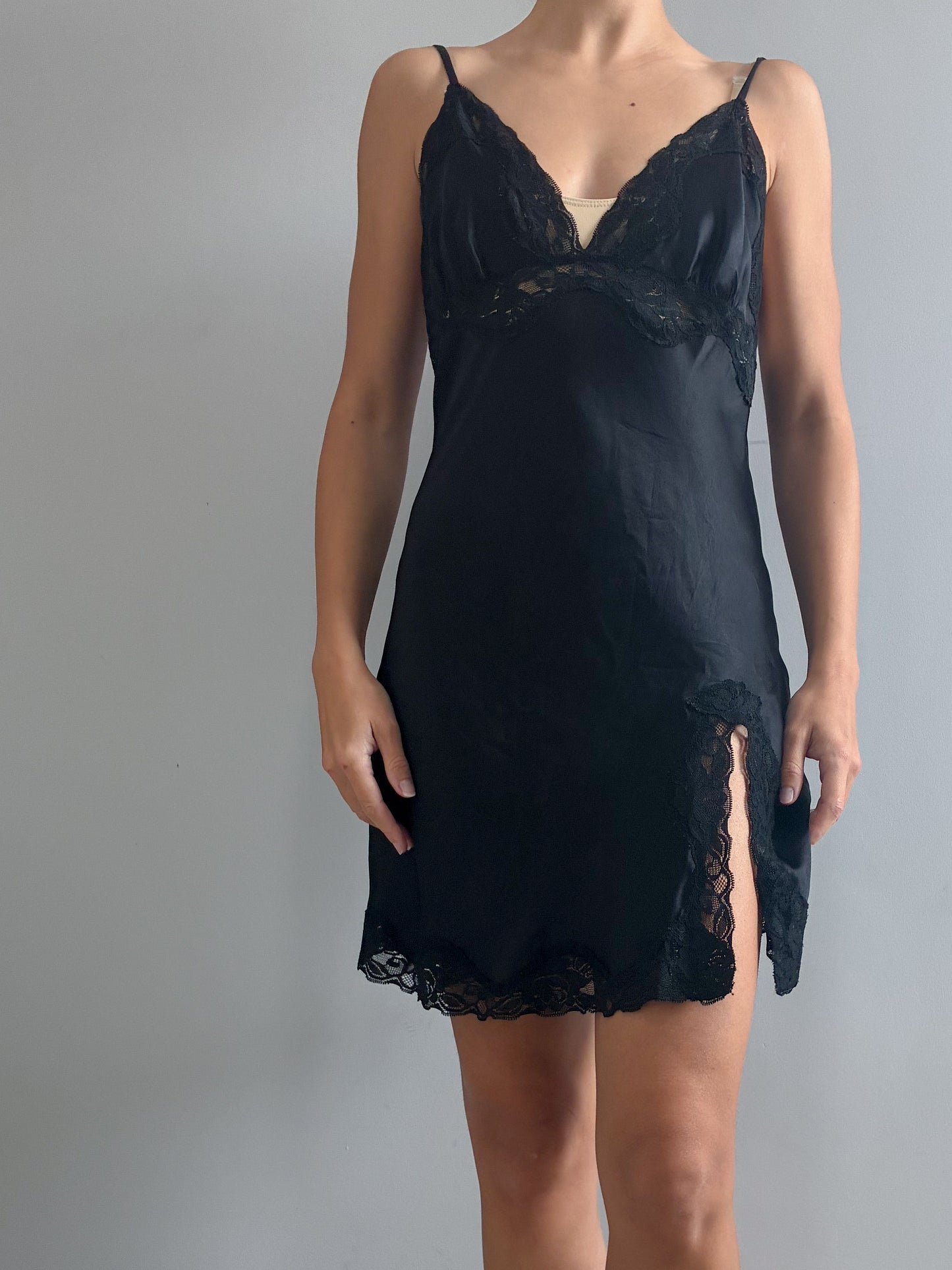 1990s Black Silk Mini Slip With Lace Trim