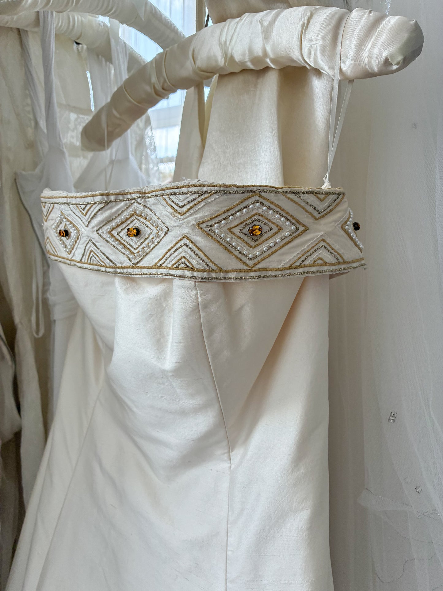 1990s Strapless Silk Boned Wedding Dress With Train And Convertible Beaded Trim