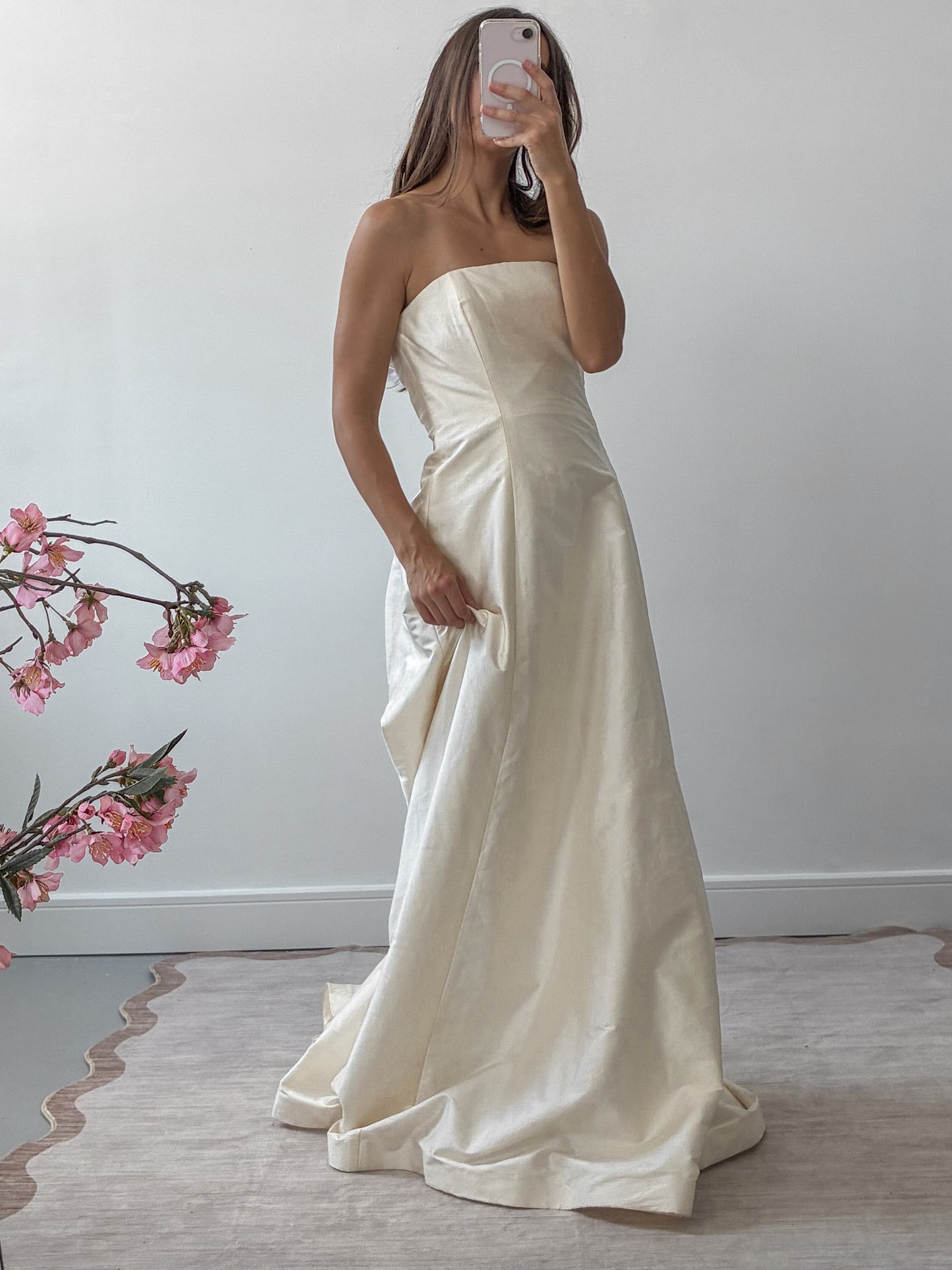 1990s Strapless Silk Boned Wedding Dress With Train And Convertible Beaded Trim