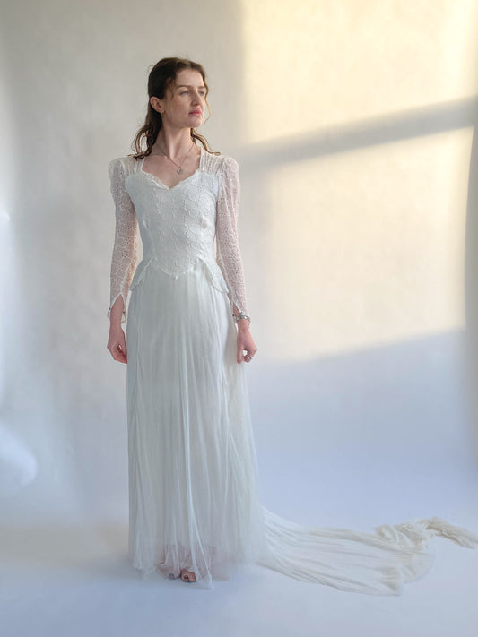 1940s Organdy Broderie and Net Wedding Dress with Train