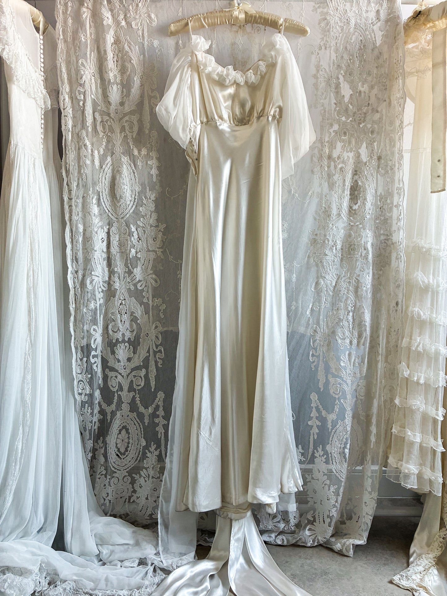 1930s Silk Wedding Gown With Chiffon Sleeves And Bow Detail
