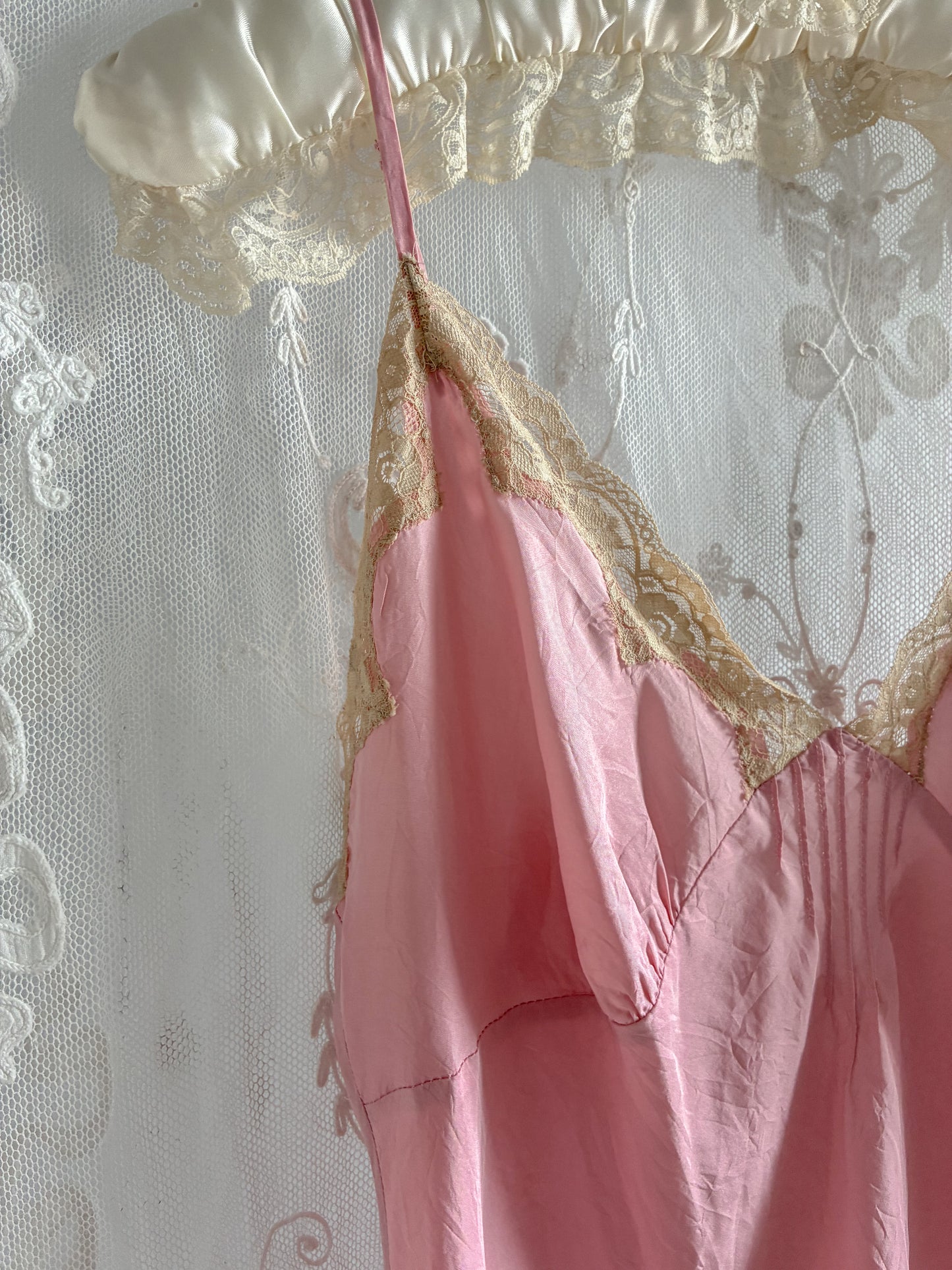 1990s Silk Mini Slip With Cream Lace In Dusty Pink