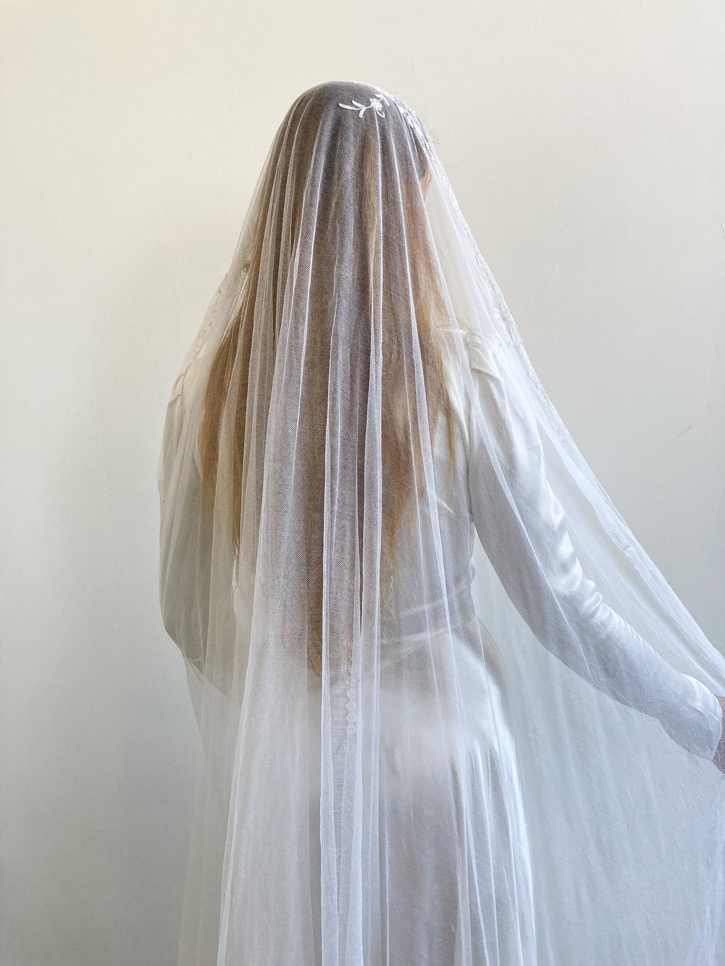 Antique Cathedral Tulle Veil with Fine Floral Edging