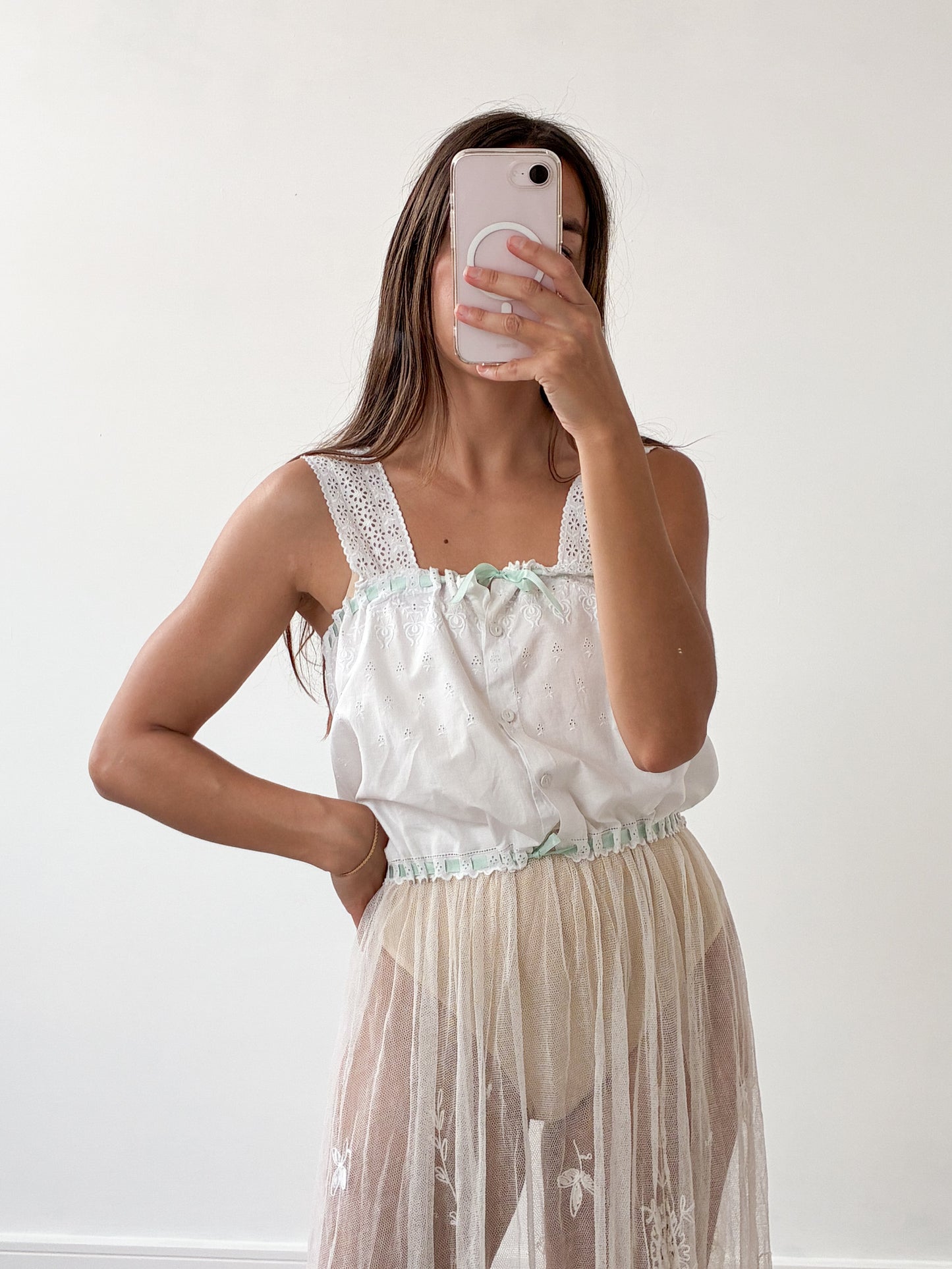Antique Cotton Embroidered Camisole With Green Ribbon XS S