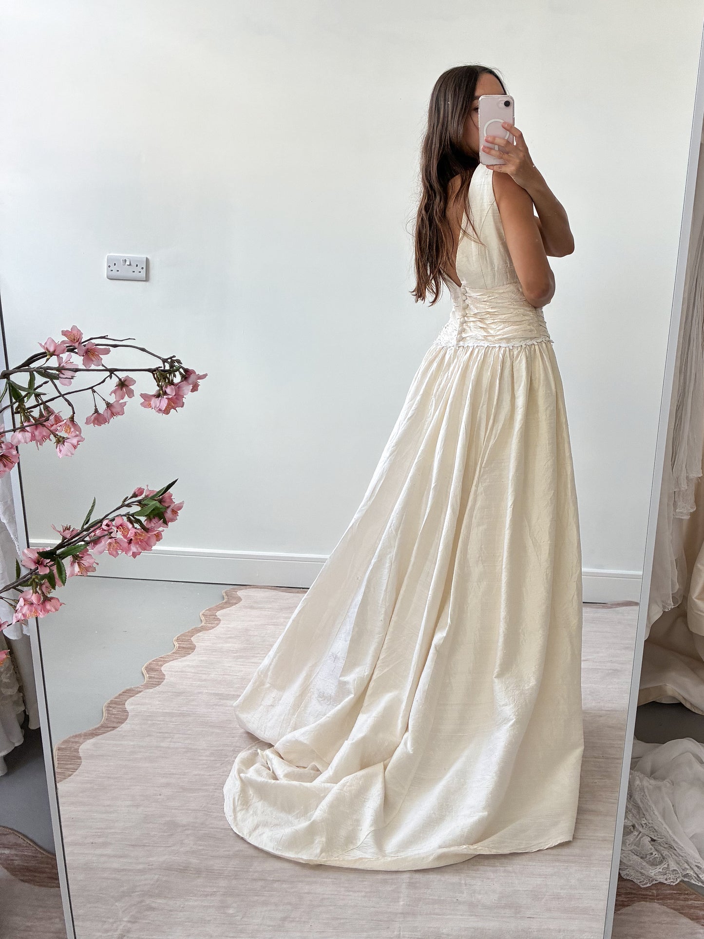 1980s Raw Silk Princess Dress With Wrap Bodice And Full Train