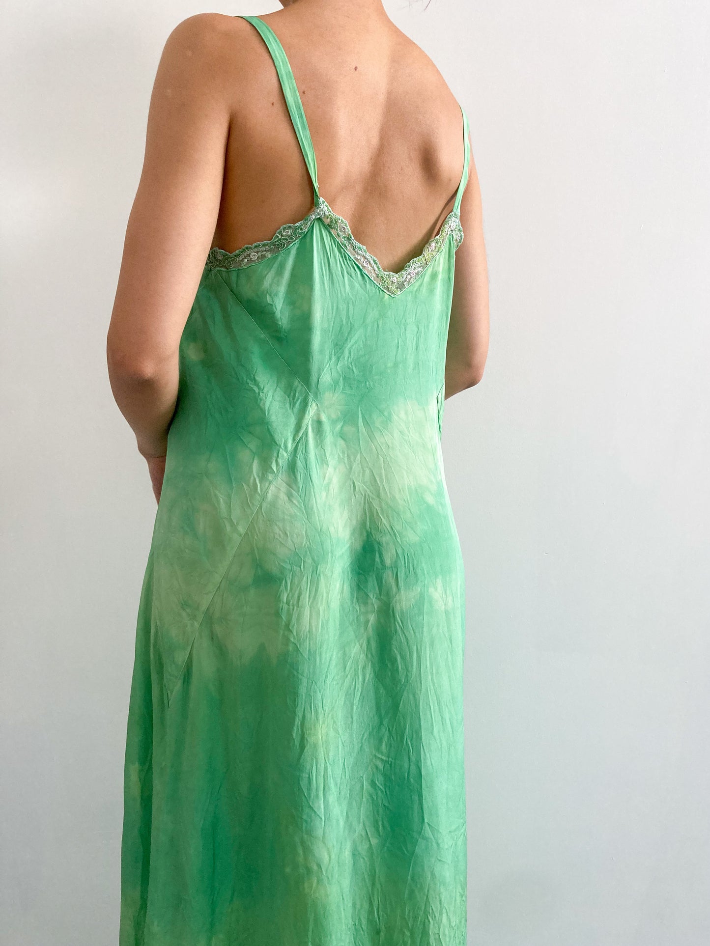 1930s Hand Dyed Maxi Silk Slip with Flower Detail - Emerald