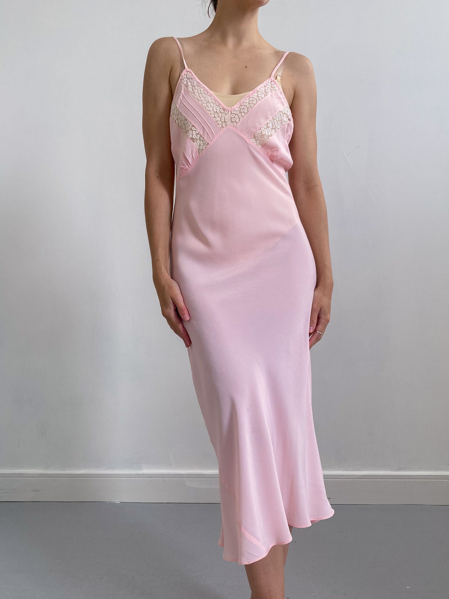 1930s Pink Slip with Floral Lace Trim