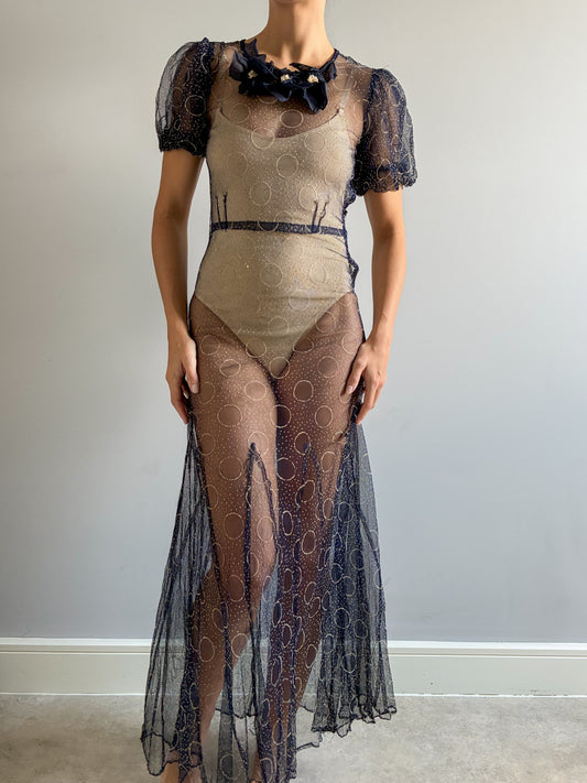 1930s Puff Sleeve Net Dress In Midnight Blue