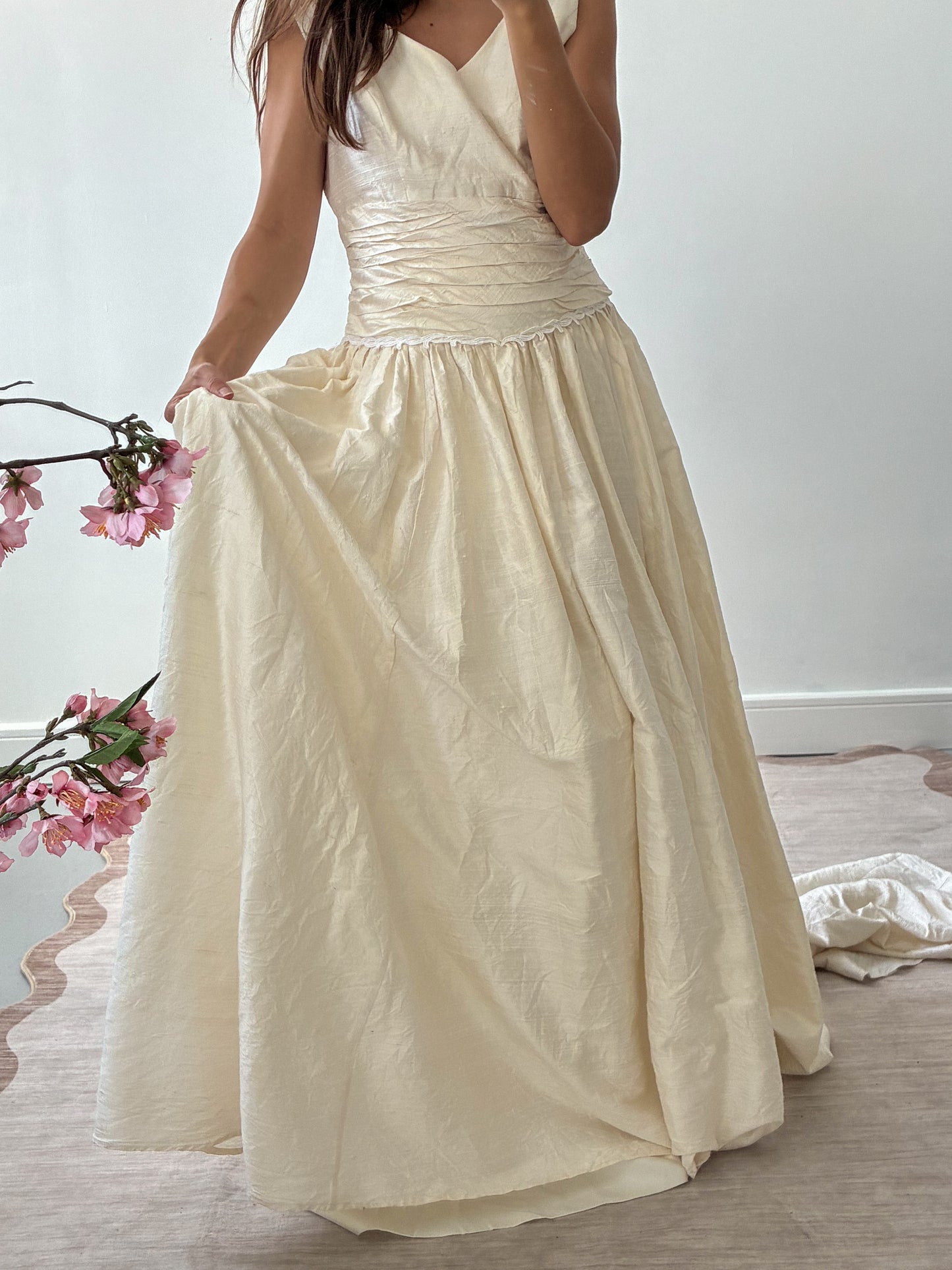 1980s Raw Silk Princess Dress With Wrap Bodice And Full Train