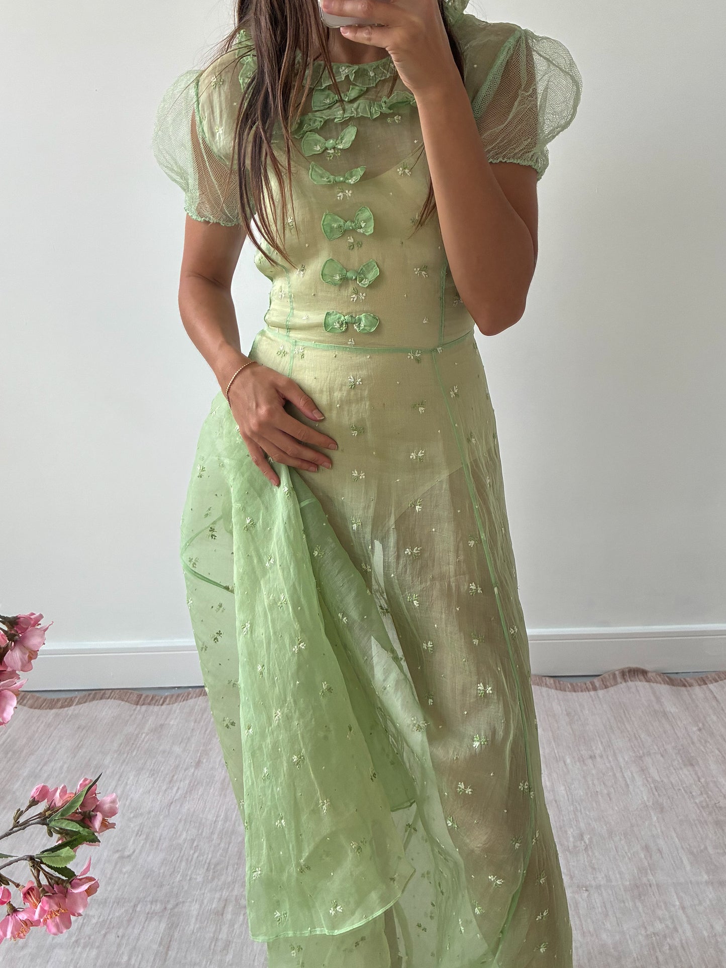 1930s Green Organza Dress With Bow Detail And Floral Embroidery M