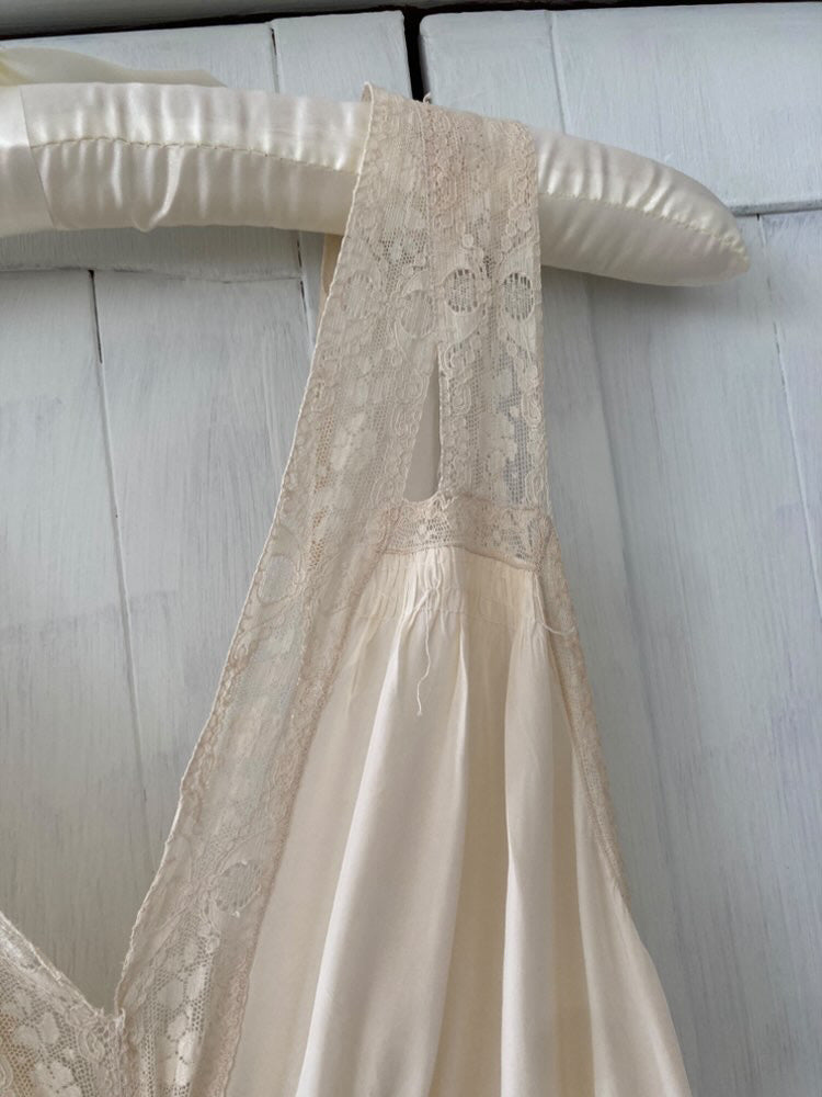 1930s Slip Gown In Pearl With Floral Lace Trims