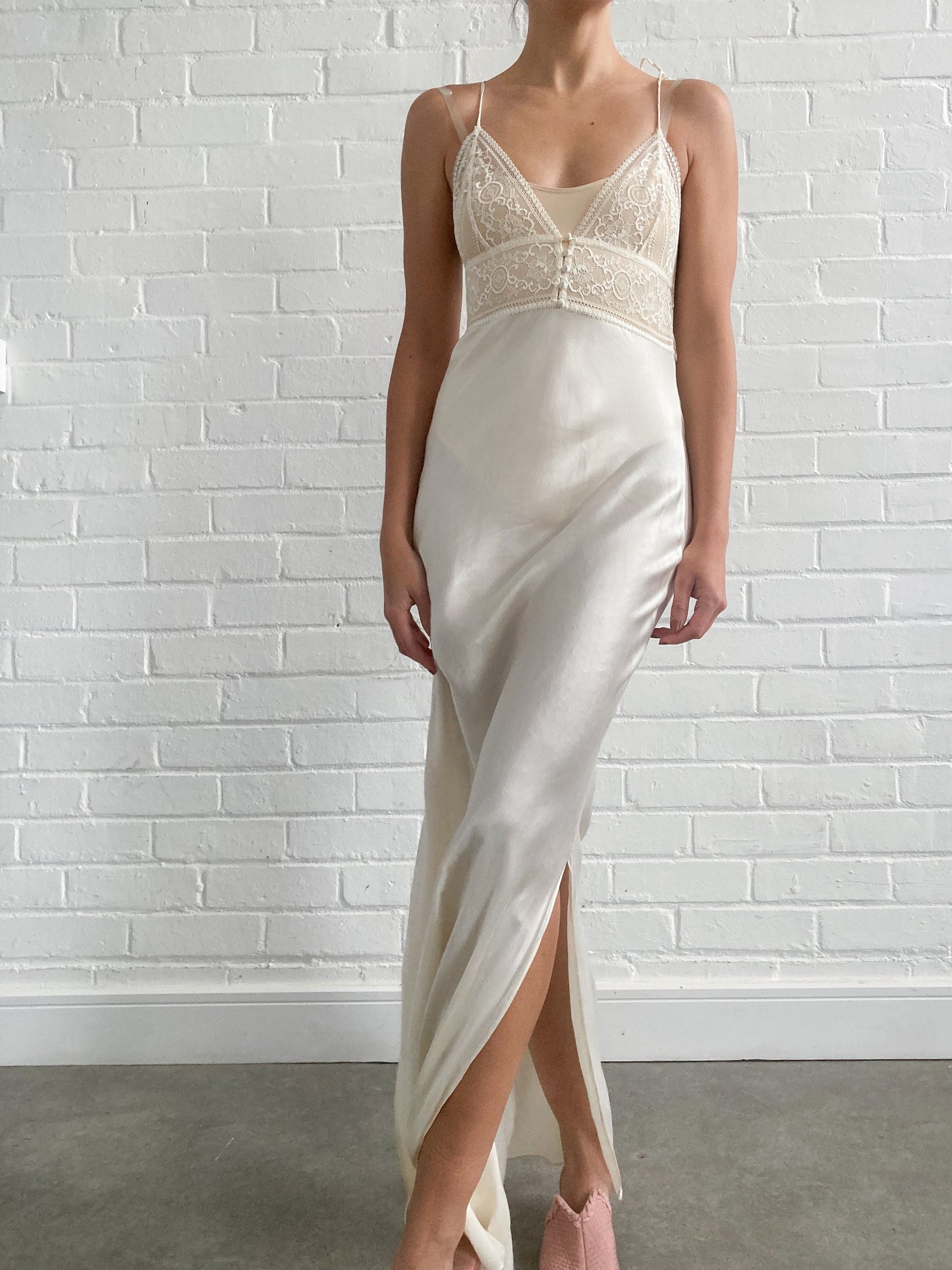 1990s Maxi Silk Slip Dress With Lace Neckline