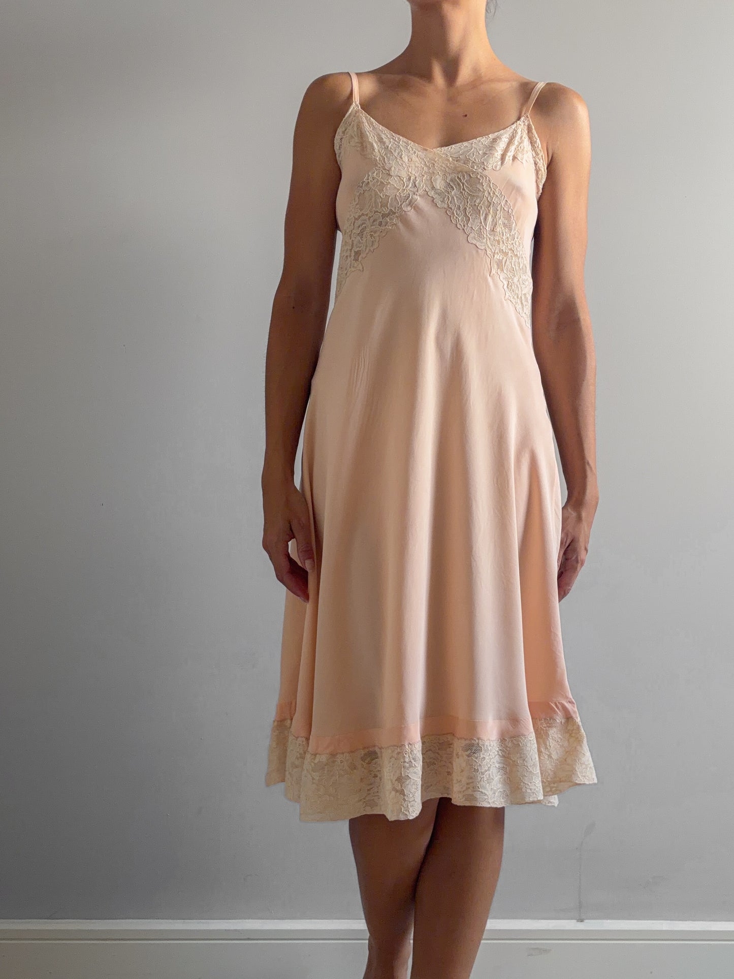 1930s Dusty Orange Midi Silk Slip With Beige Lace