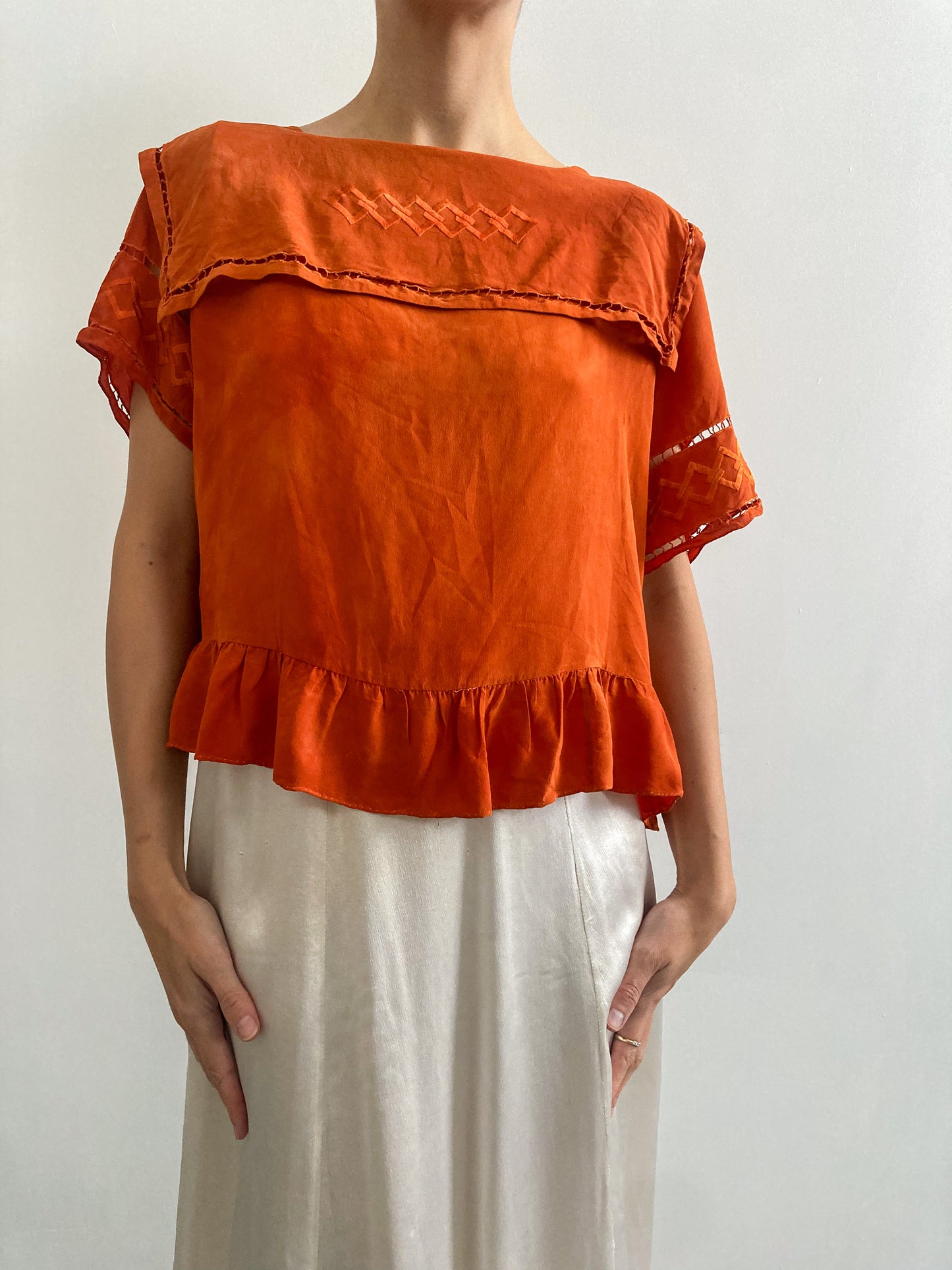 1920s Hand Dyed Silk Collared Blouse in Sunset Orange