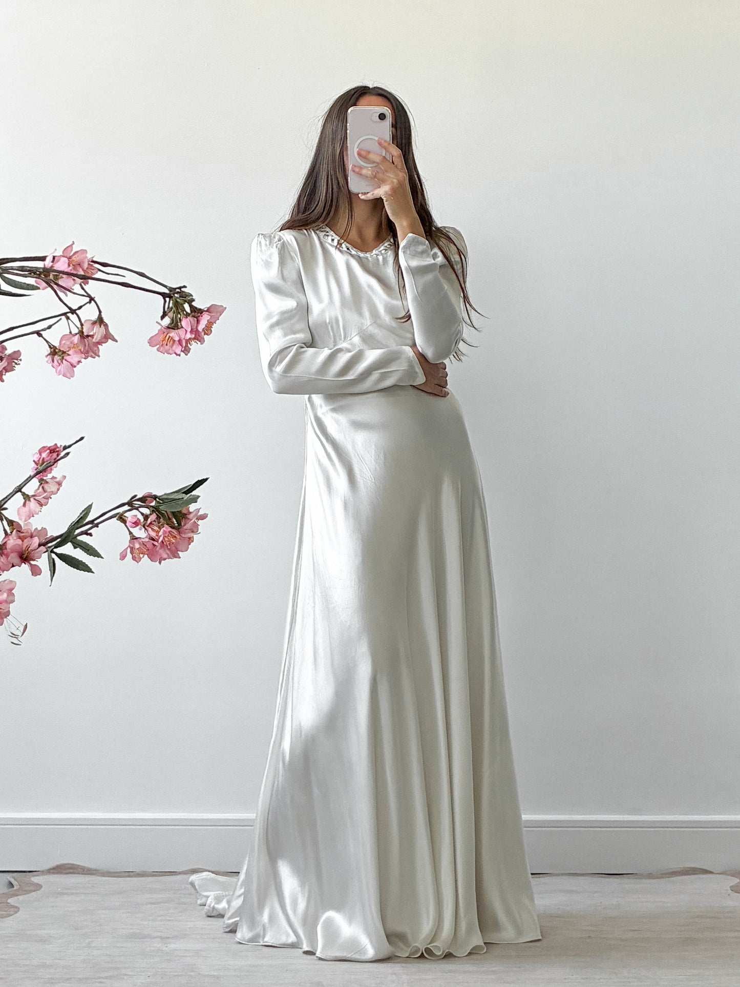 1940s Satin Dress With Wateau Train and Bow Detail