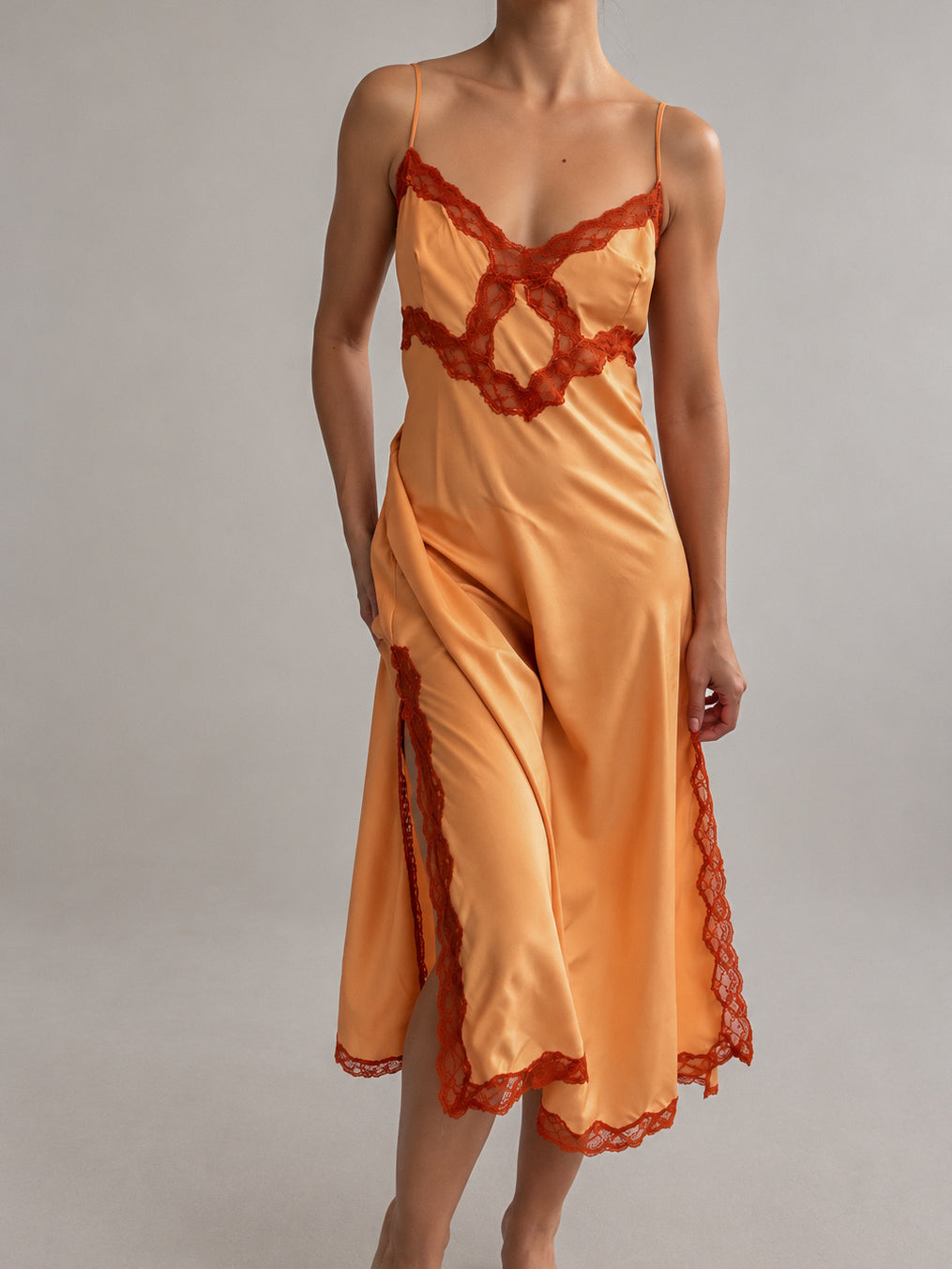 1970s Silk Satin Slip With Contrasting Lace In Sunset Orange L
