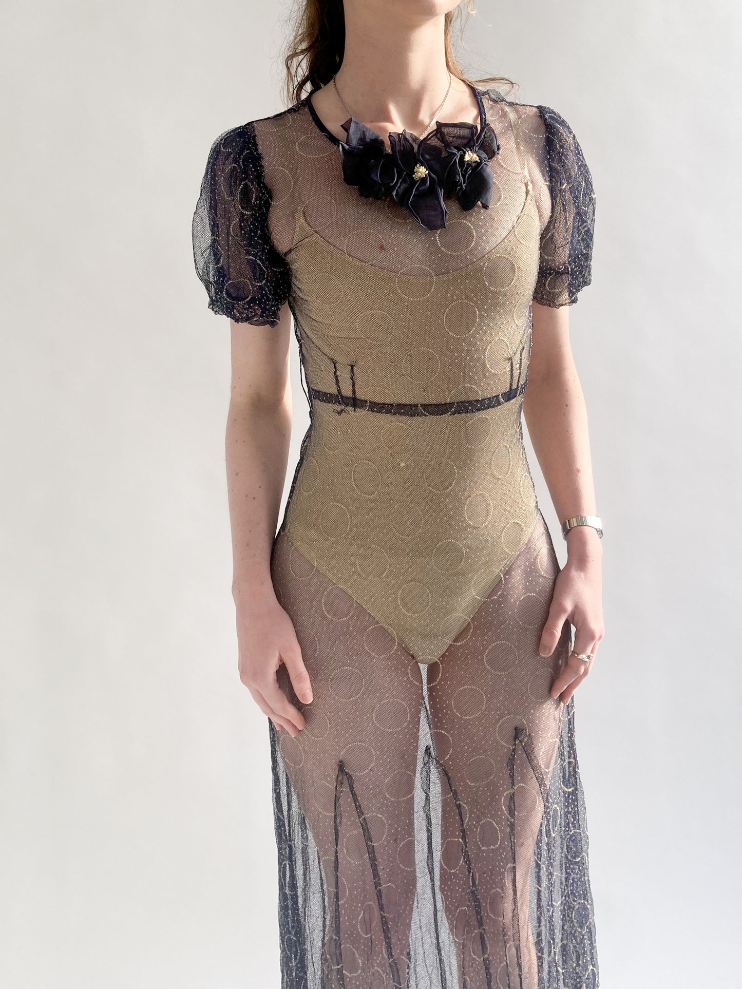 1930s Puff Sleeve Net Dress In Midnight Blue