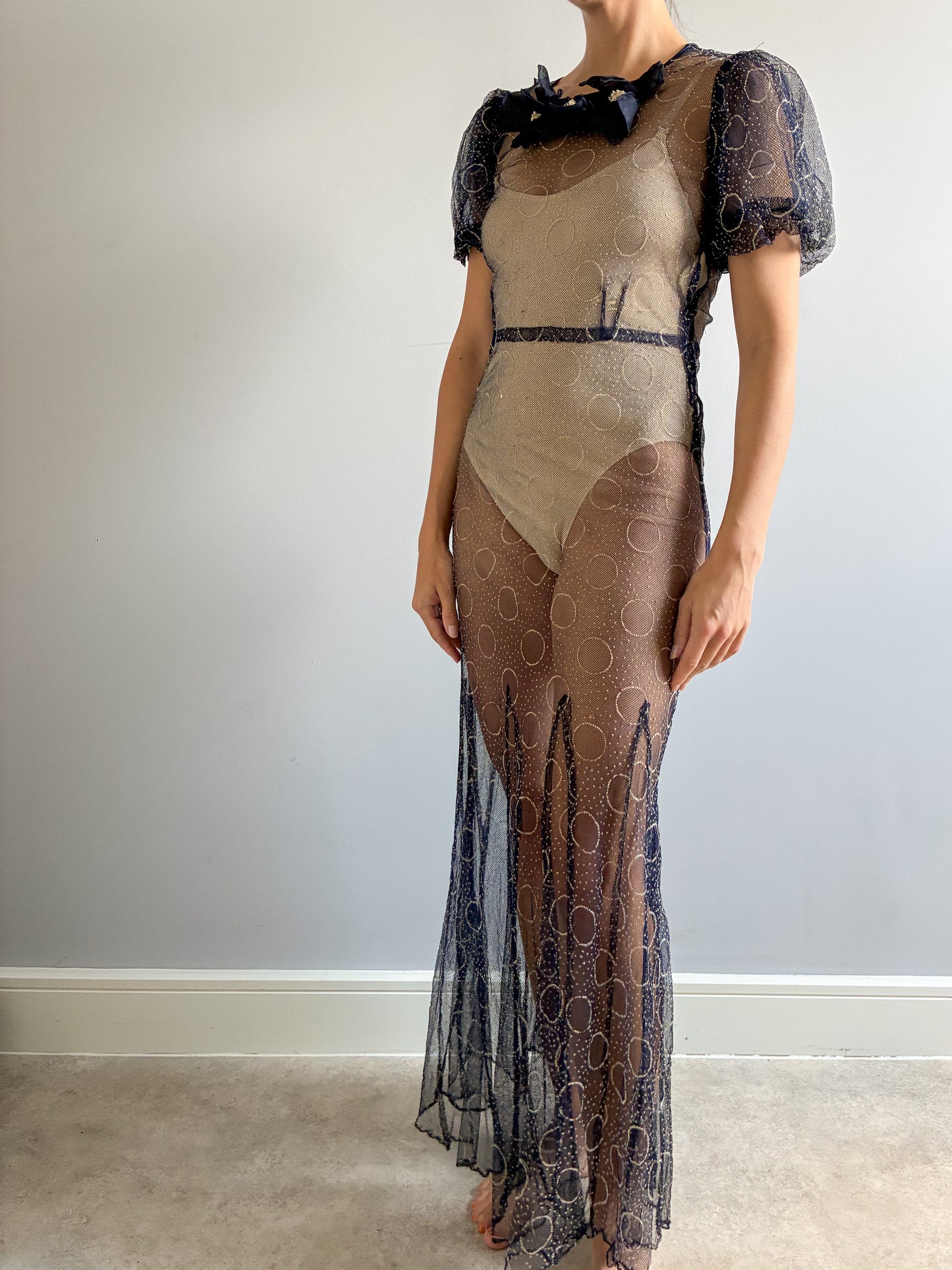 1930s Puff Sleeve Net Dress In Midnight Blue