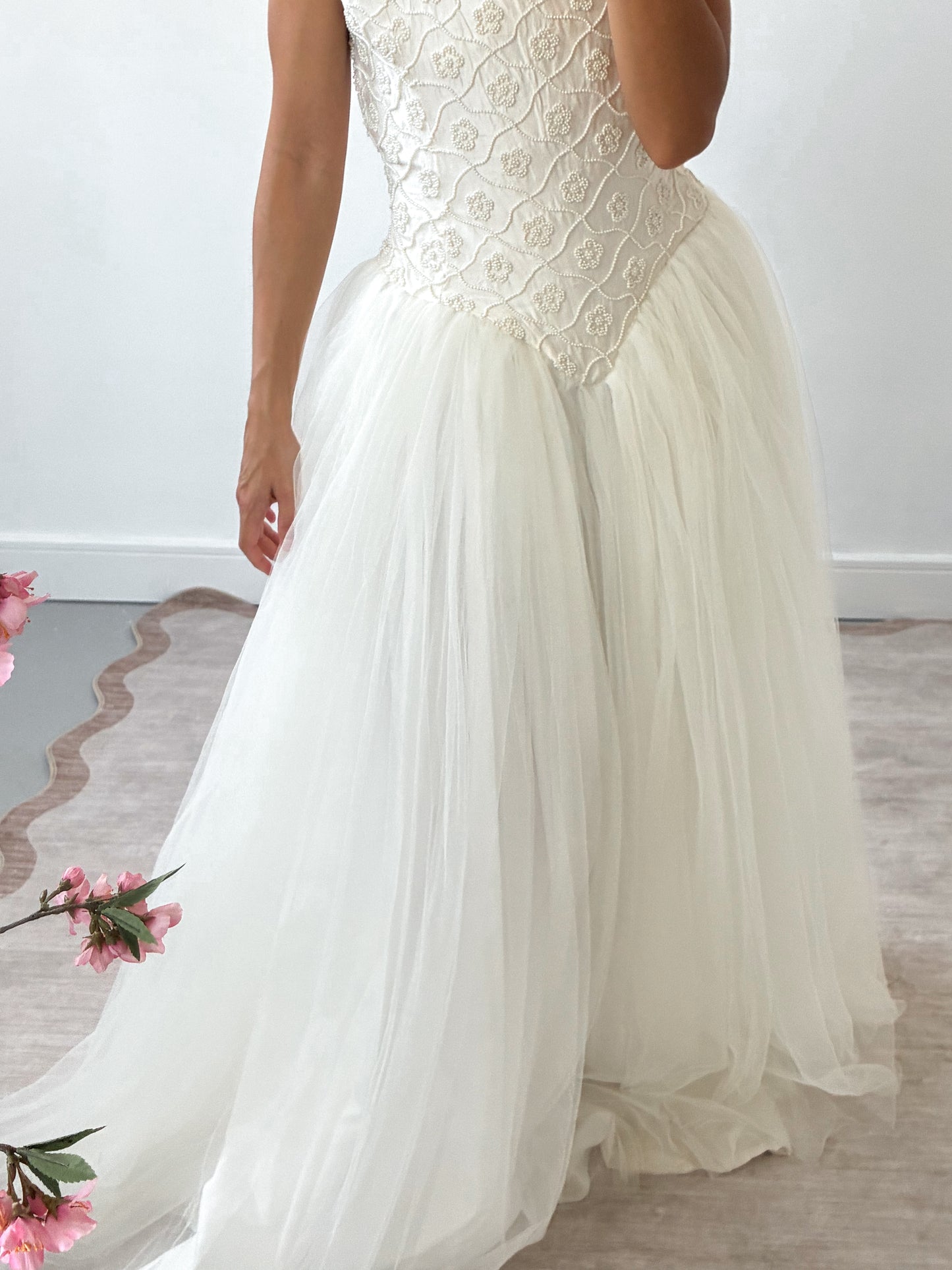 1990s Tulle Gown With Silk & Pearl Embroidered Corset And Bow Detail