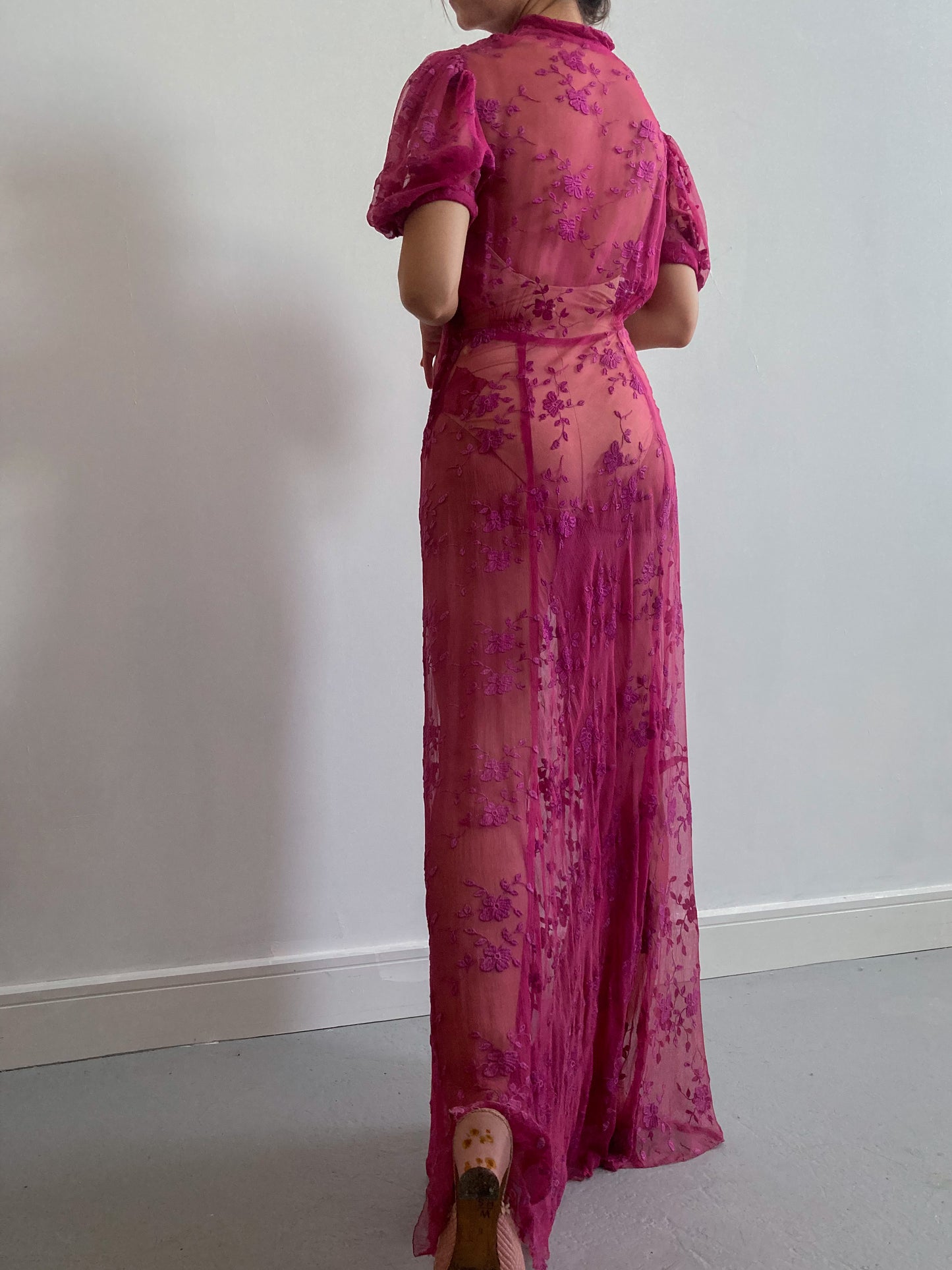 1930s Raspberry Floral Net Lace Chiffon Gown with Puff Sleeves