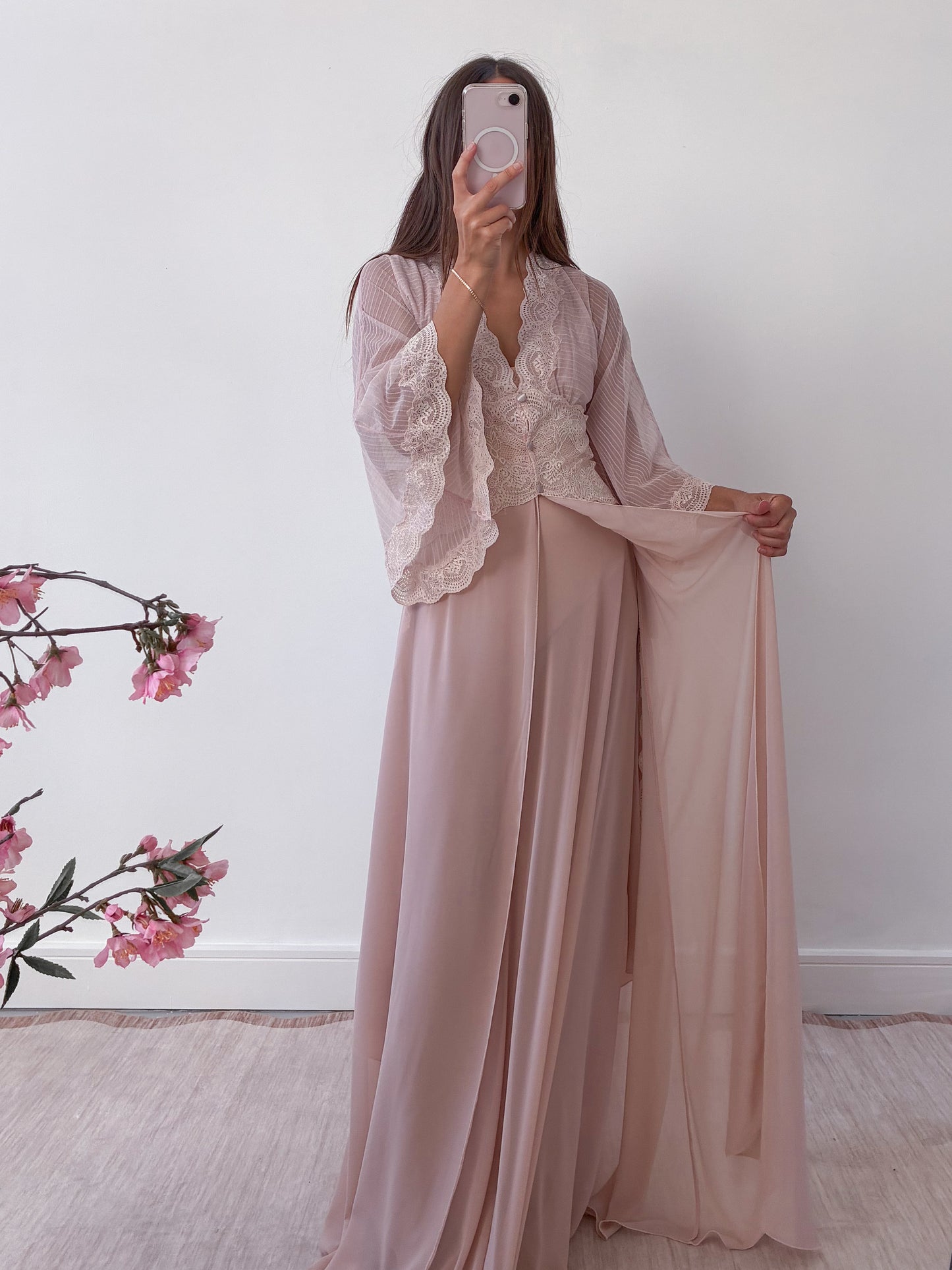 1970s Powder Pink Lingerie Set With Lace Trim