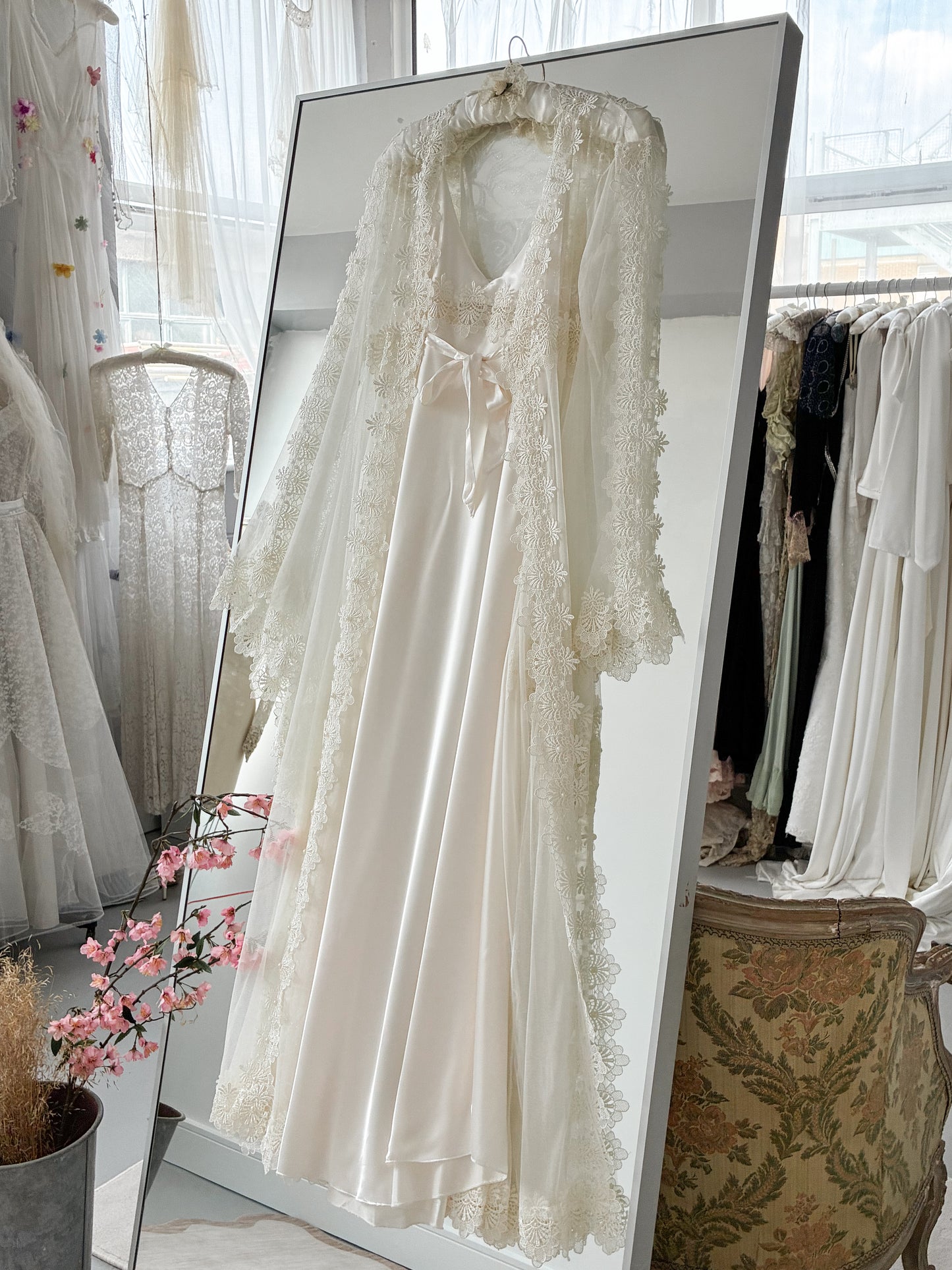 1980s Sheer Robe With Round Lace Detail & Bell Sleeves One Size