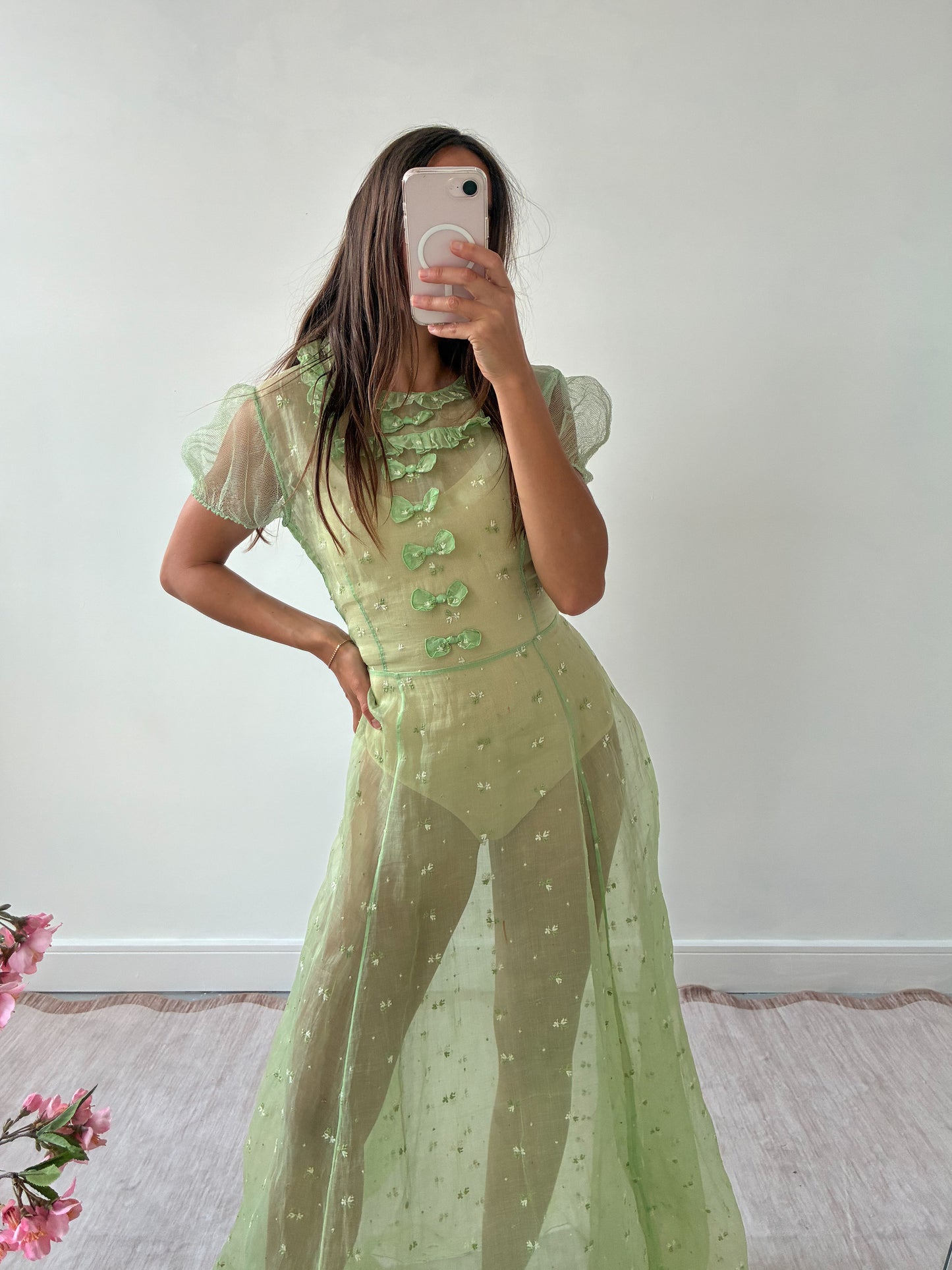 1930s Green Organza Dress With Bow Detail And Floral Embroidery M