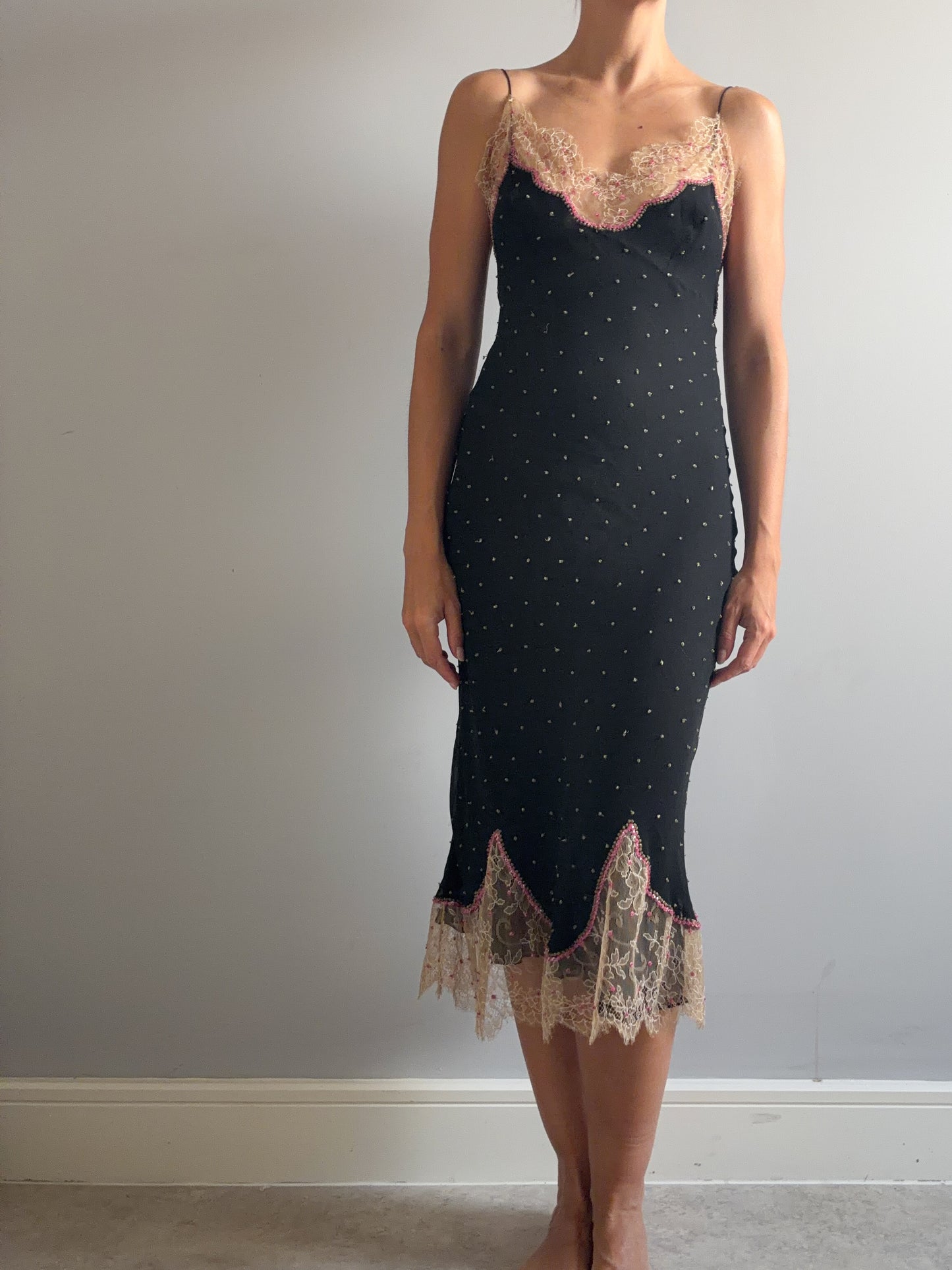 1990s Rare Designer Silk Chiffon Slip and Jacket Set With Chantilly Lace