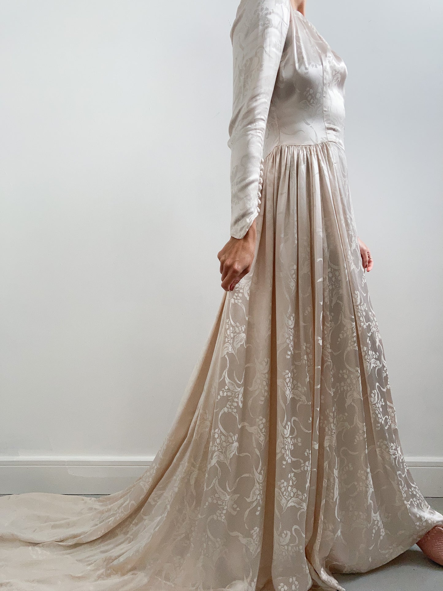 1920s Oyster Silk Floral Wedding Dress with Train