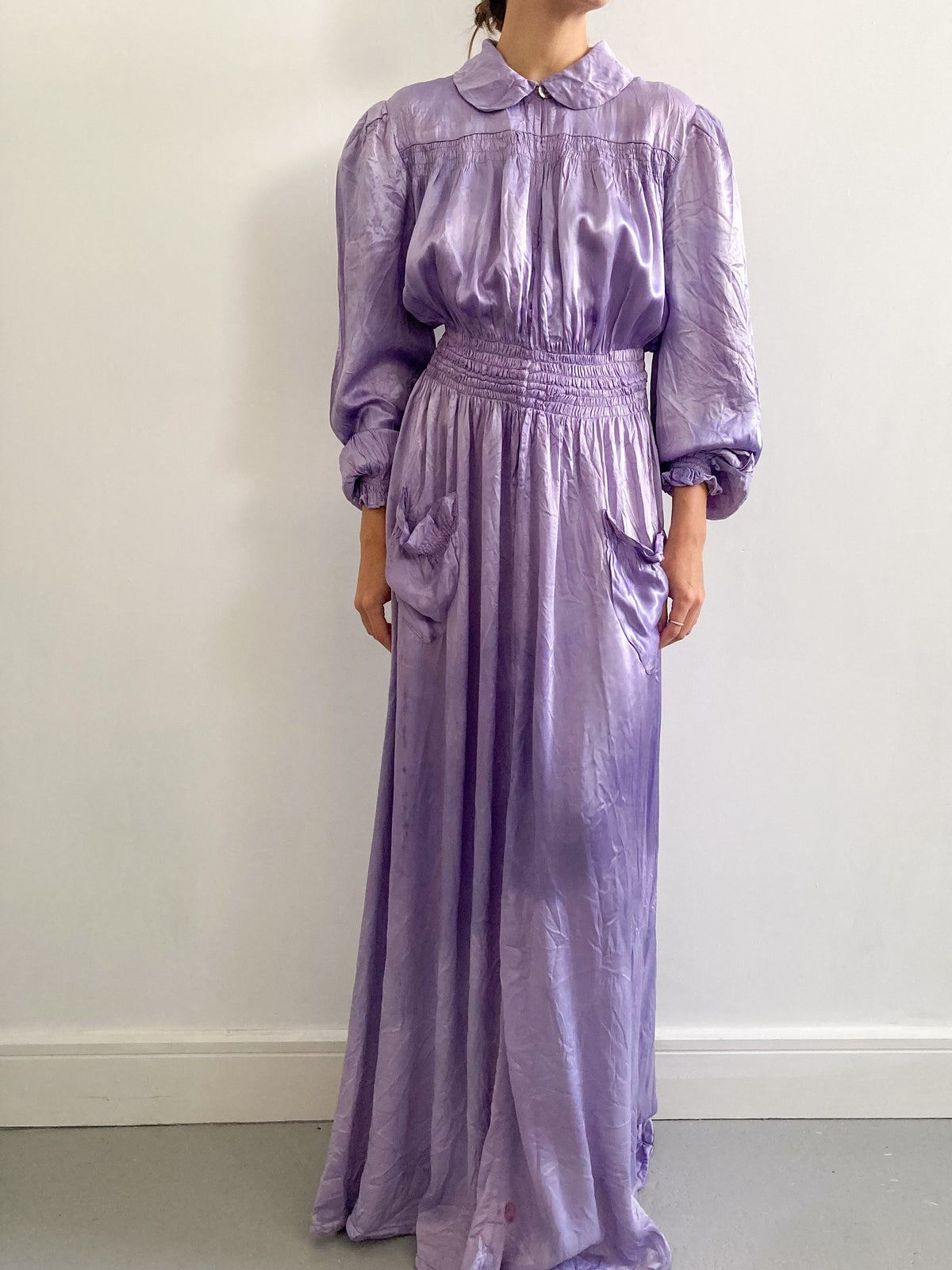 1930s Hand Dyed Satin Puff Sleeve Robe in Wisteria