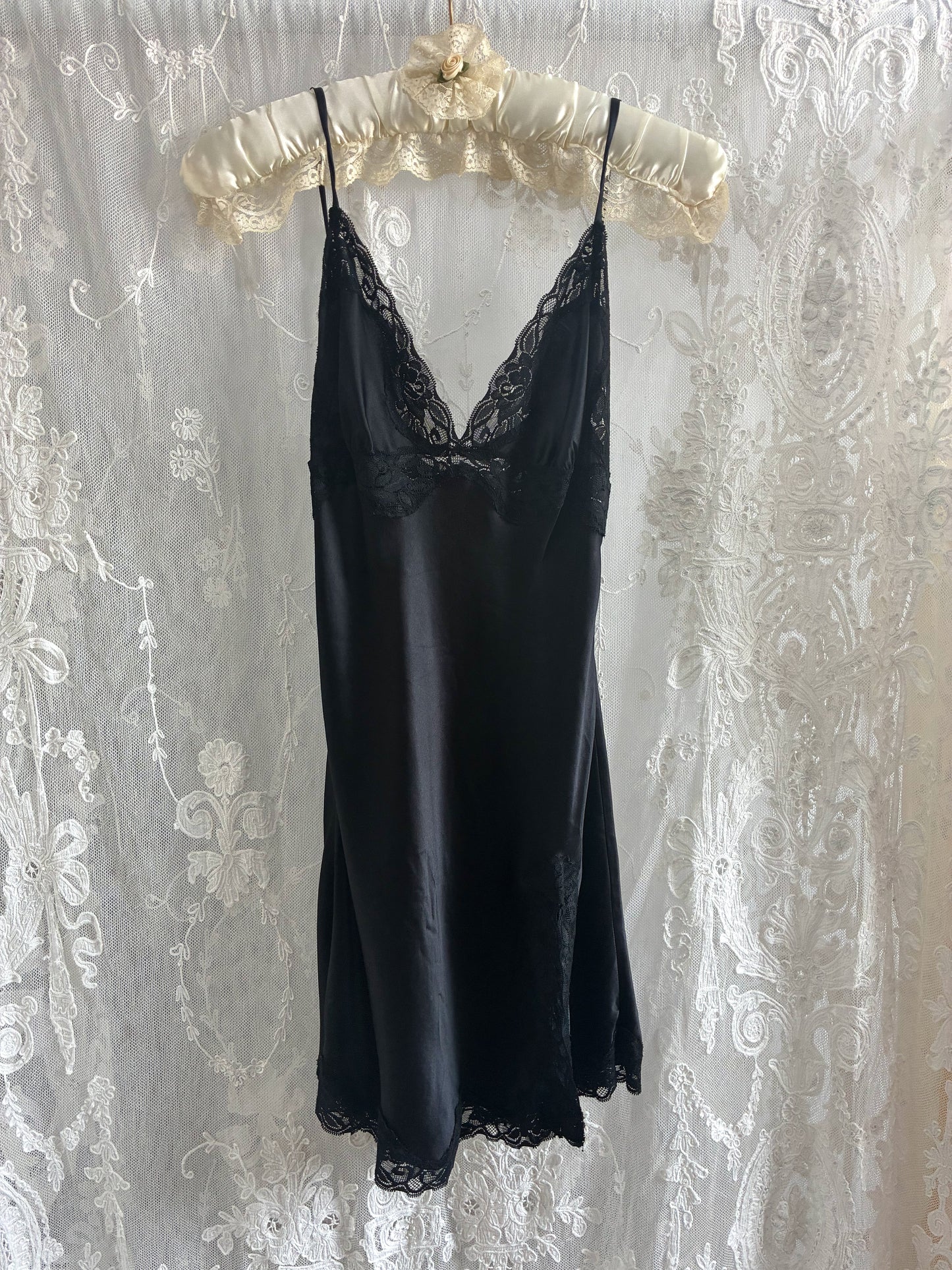 1990s Black Silk Mini Slip With Lace Trim