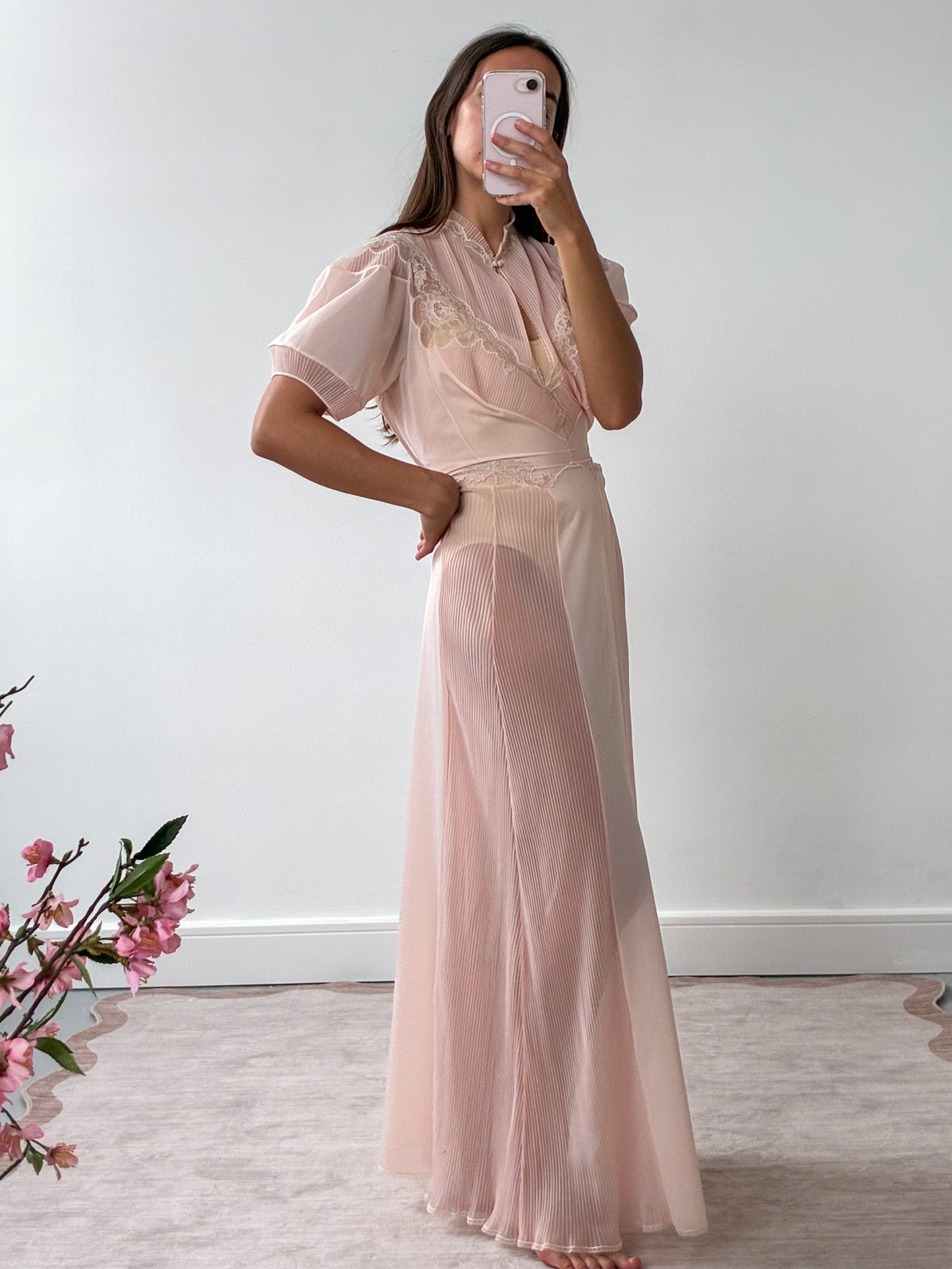 1970s Sheer Peach Nightgown With Lace Detail