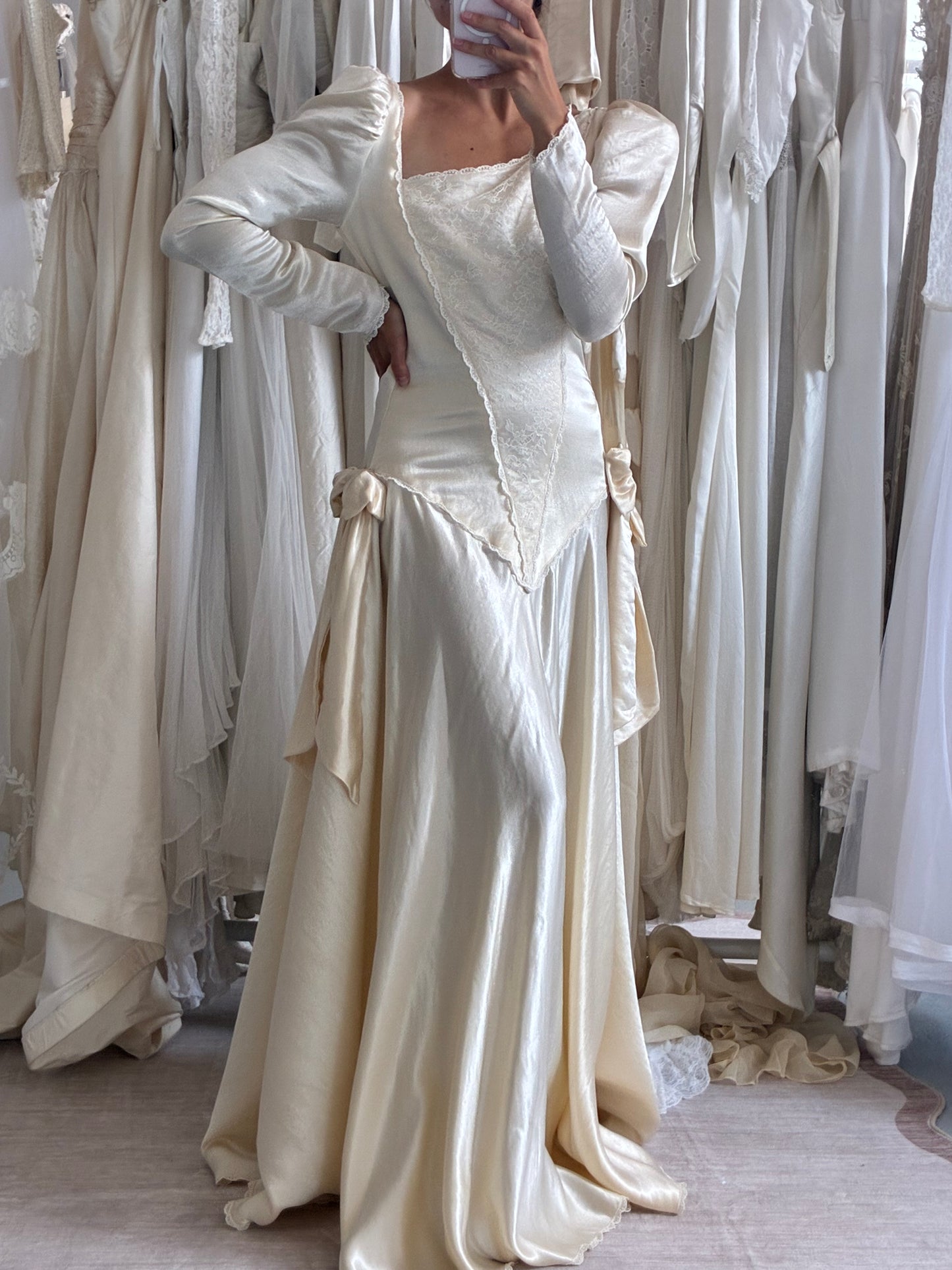 1980s Silk Asymmetrical Wedding Dress With Bow Detail