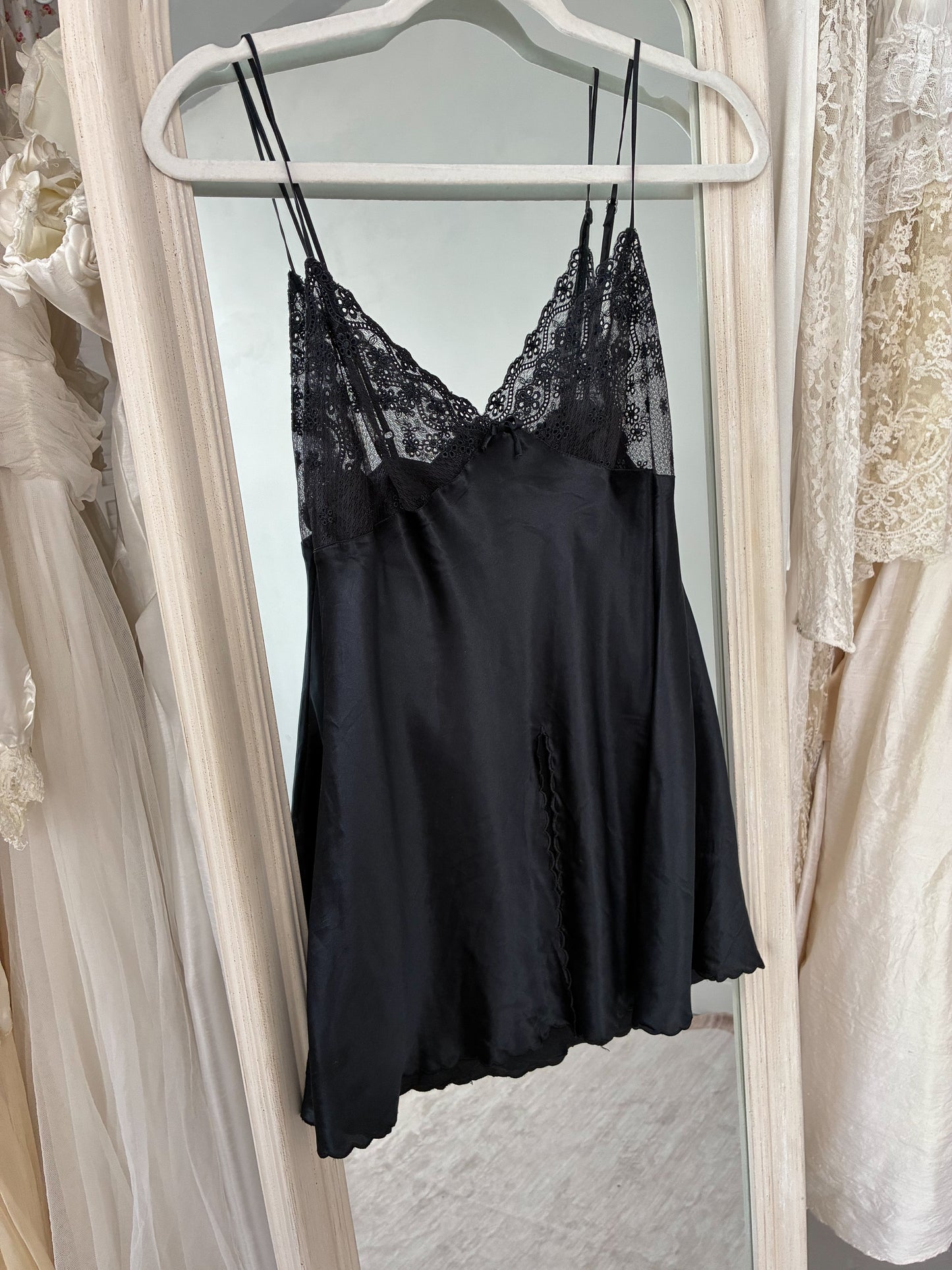 1990s Black Silk Mini Slip With Sheer Lace