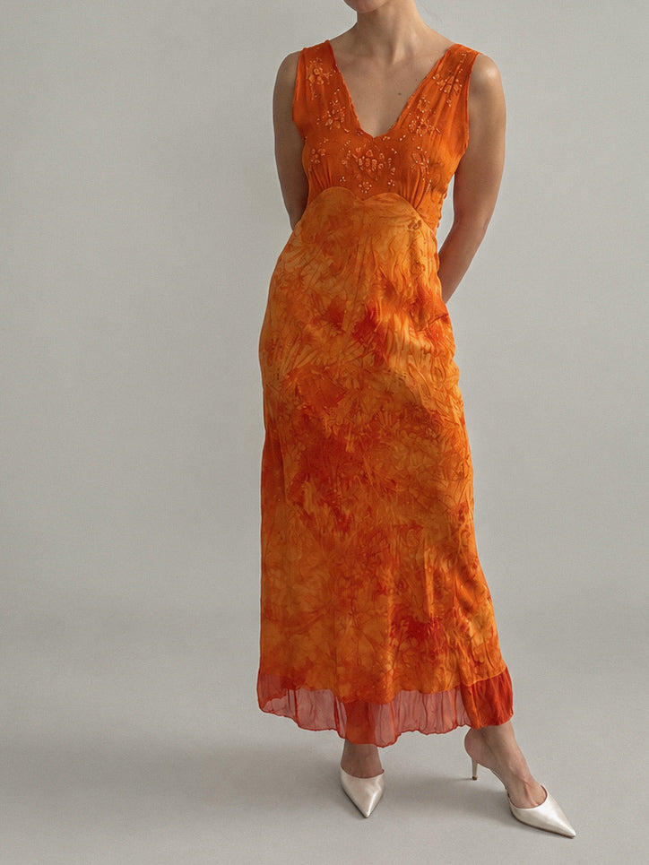 1930s Embroidered Silk & Chiffon Nightgown In Burnt Orange XS S