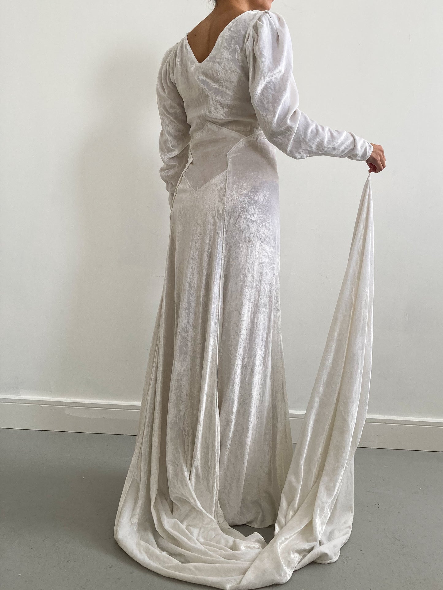 1940s Crushed Velvet Wedding Gown with Long Sleeves & Cathedral Train