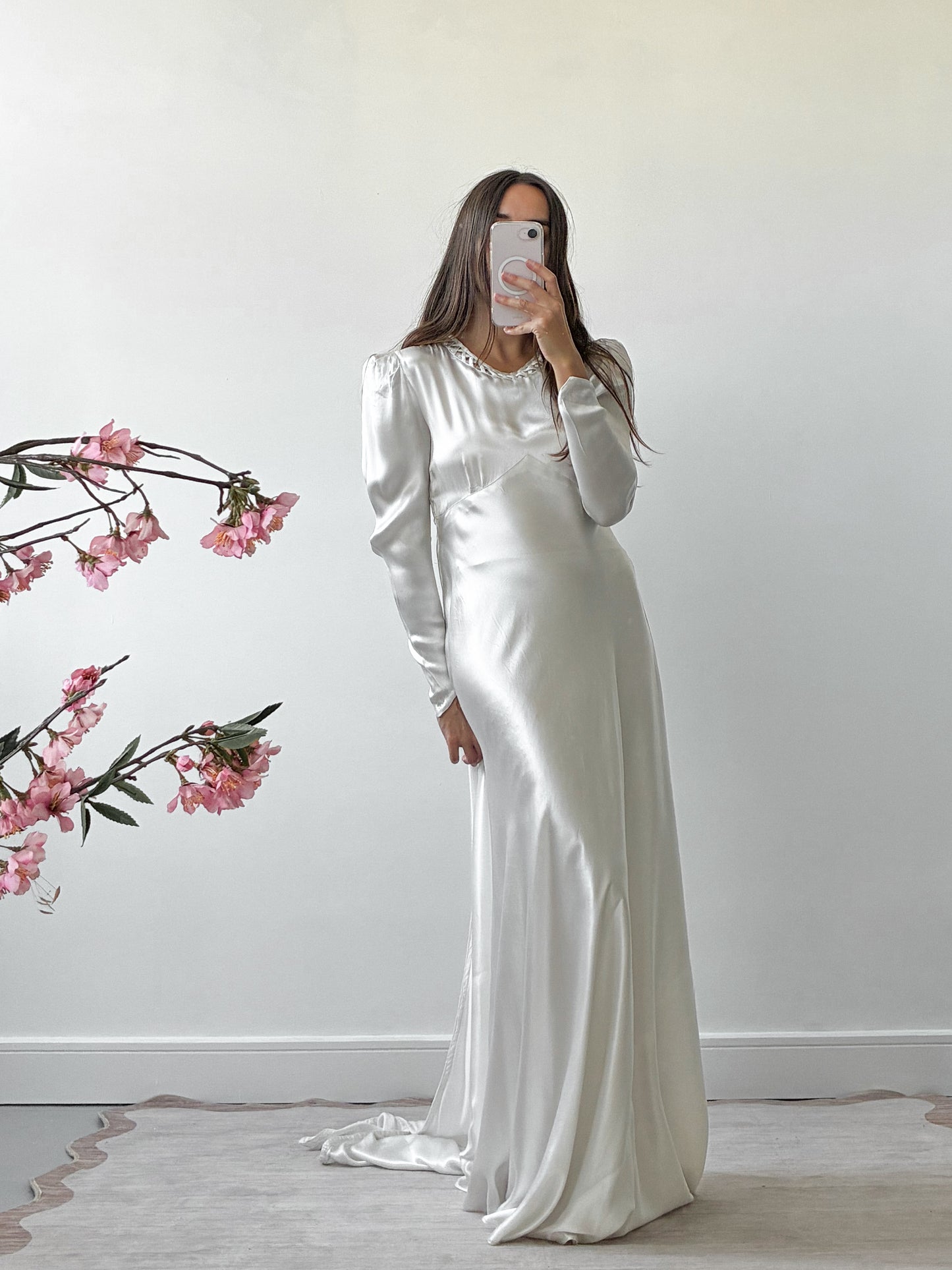 1940s Satin Dress With Wateau Train and Bow Detail
