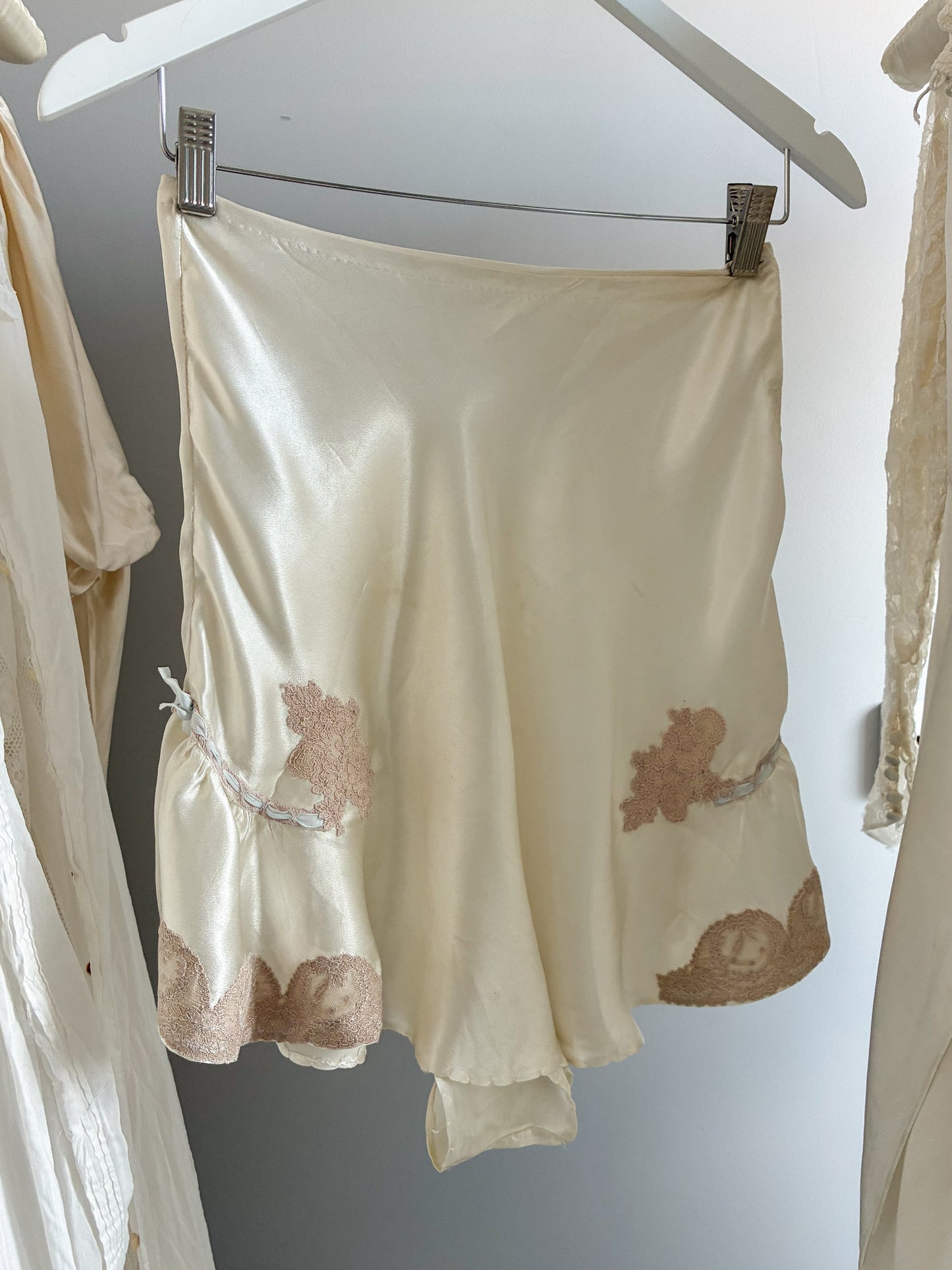 1930s Satin Tap Pants With Lace Trim & Blue Ribbon