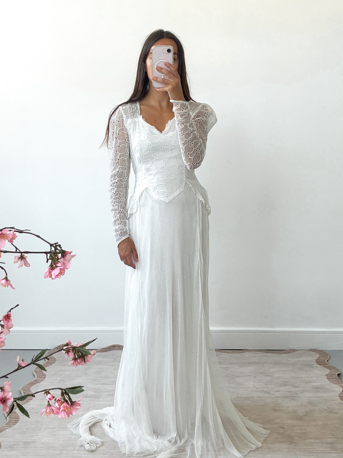 1940s Organdy Broderie and Net Wedding Dress with Train XS S
