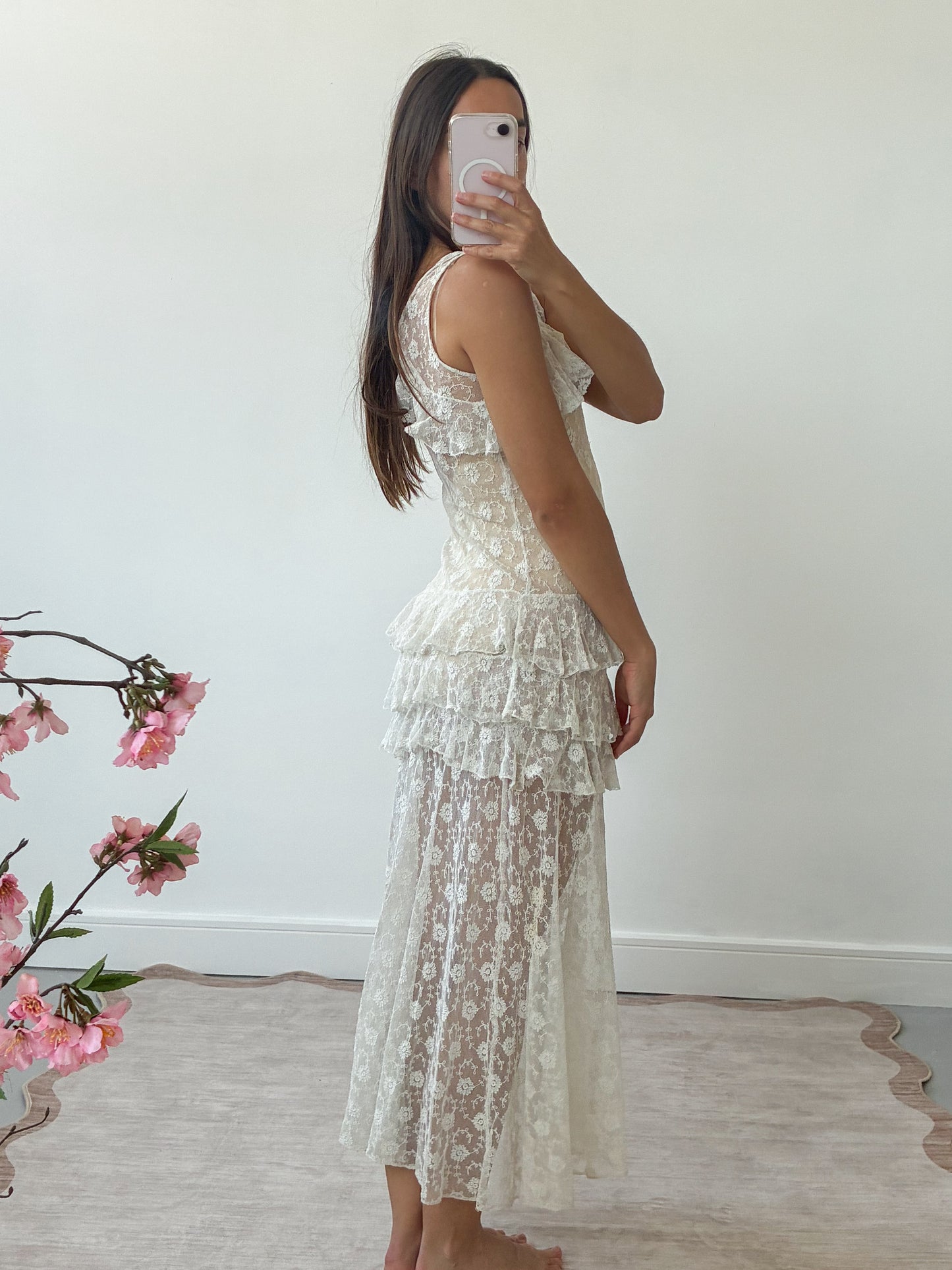 1930s French Floral Lace Dress With Ruffle Detail S
