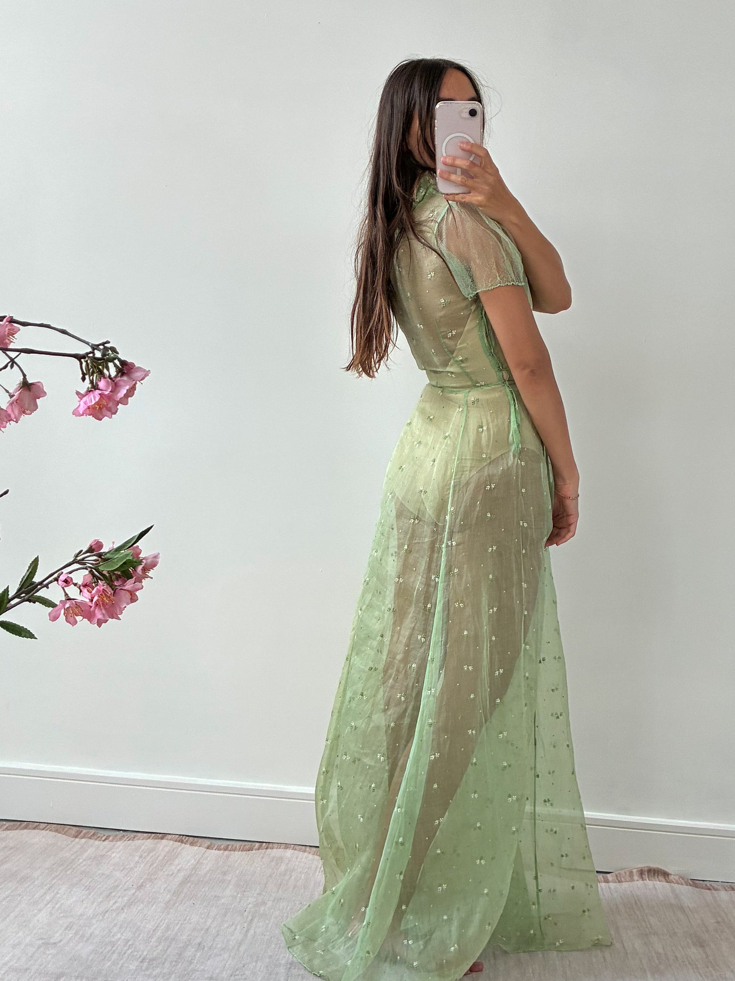 1930s Green Organza Dress With Bow Detail And Floral Embroidery M
